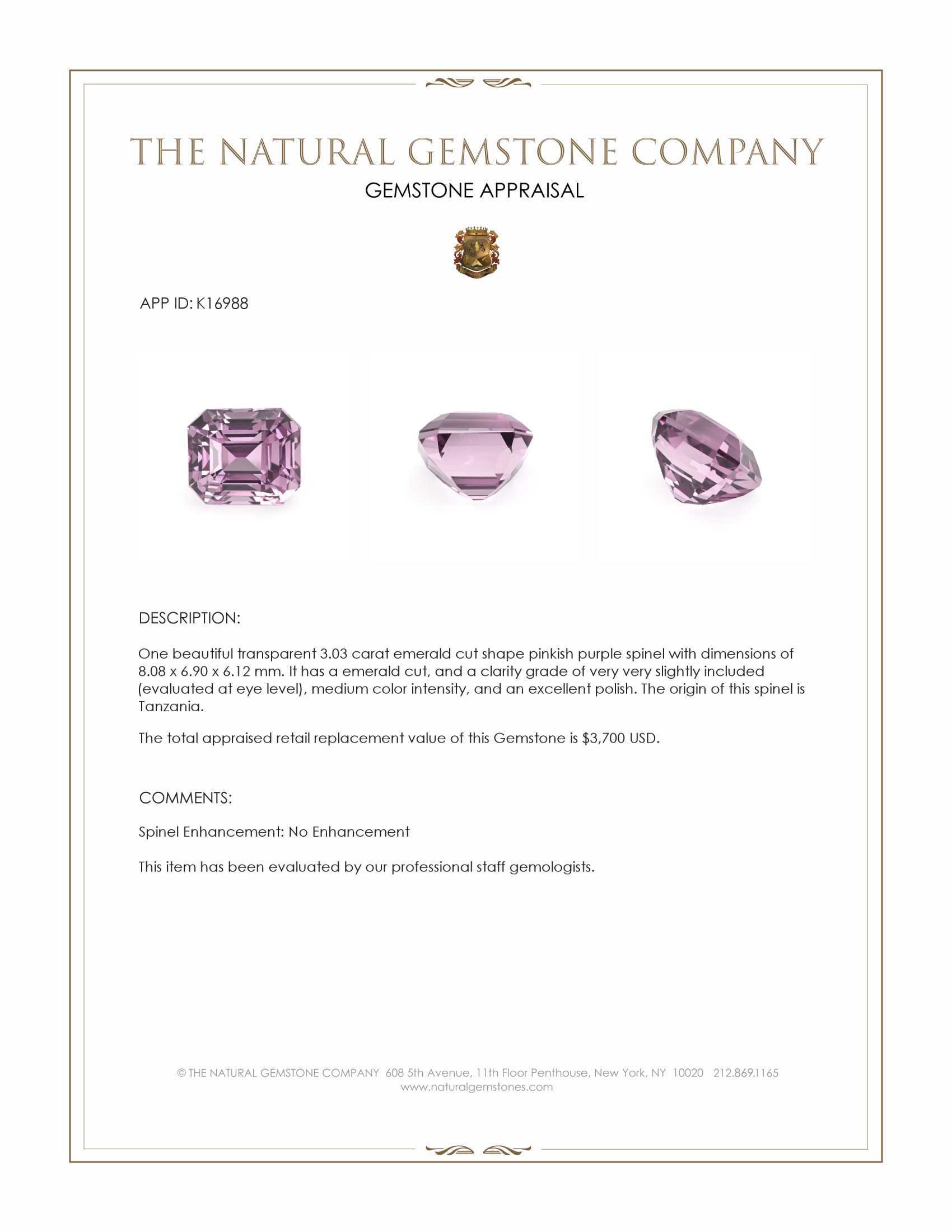 3.03 Ct. Pinkish Purple Spinel from Tanzania