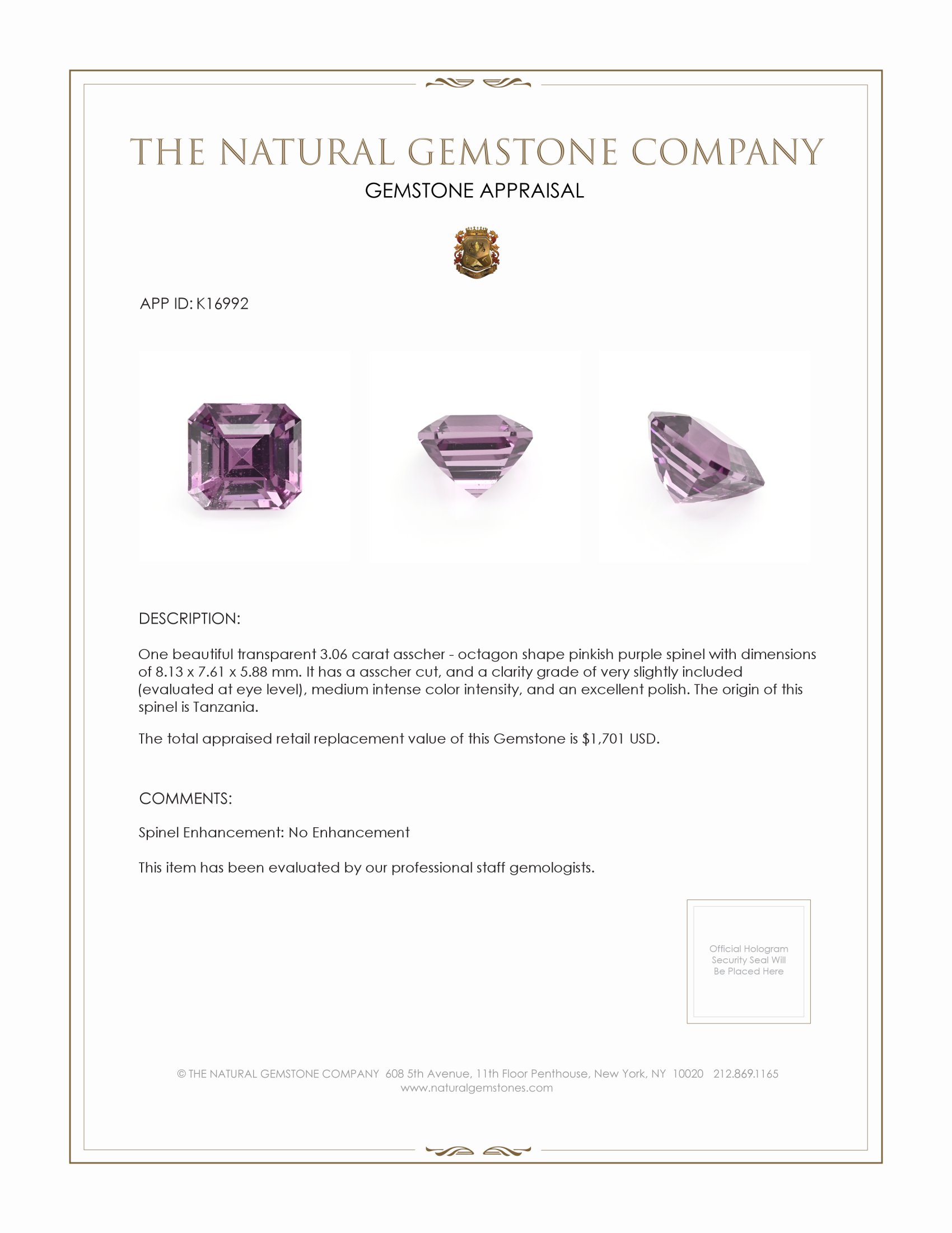 3.06 Ct. Pinkish Purple Spinel from Tanzania