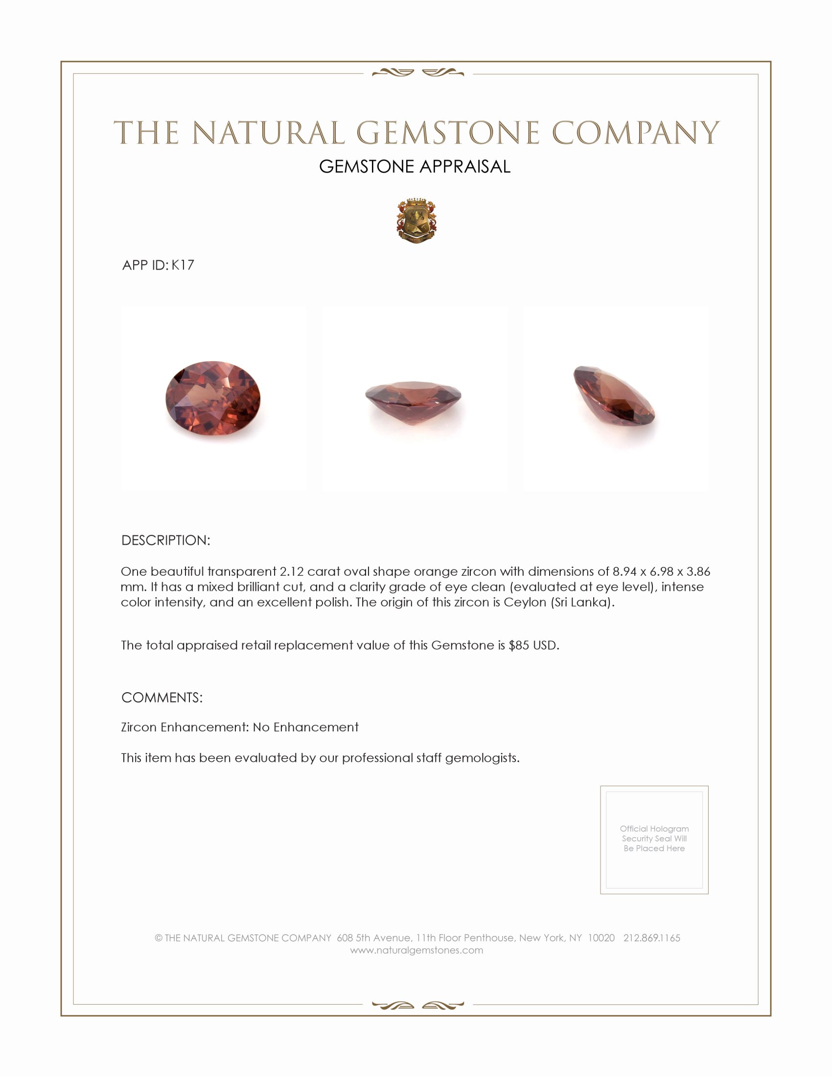 2.12 Ct. Zircon from Ceylon (Sri Lanka)