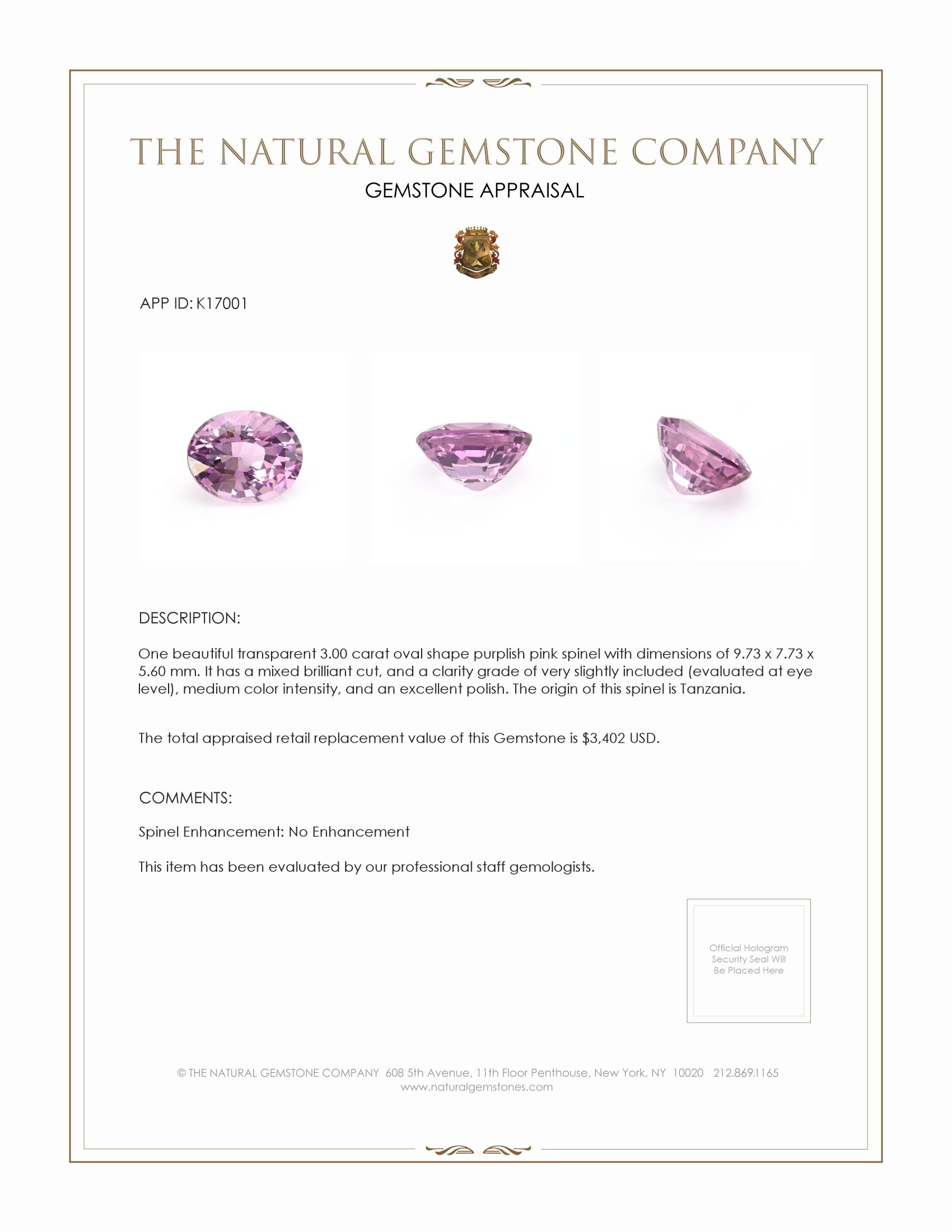 3.00 Ct. Purplish Pink Spinel from Tanzania