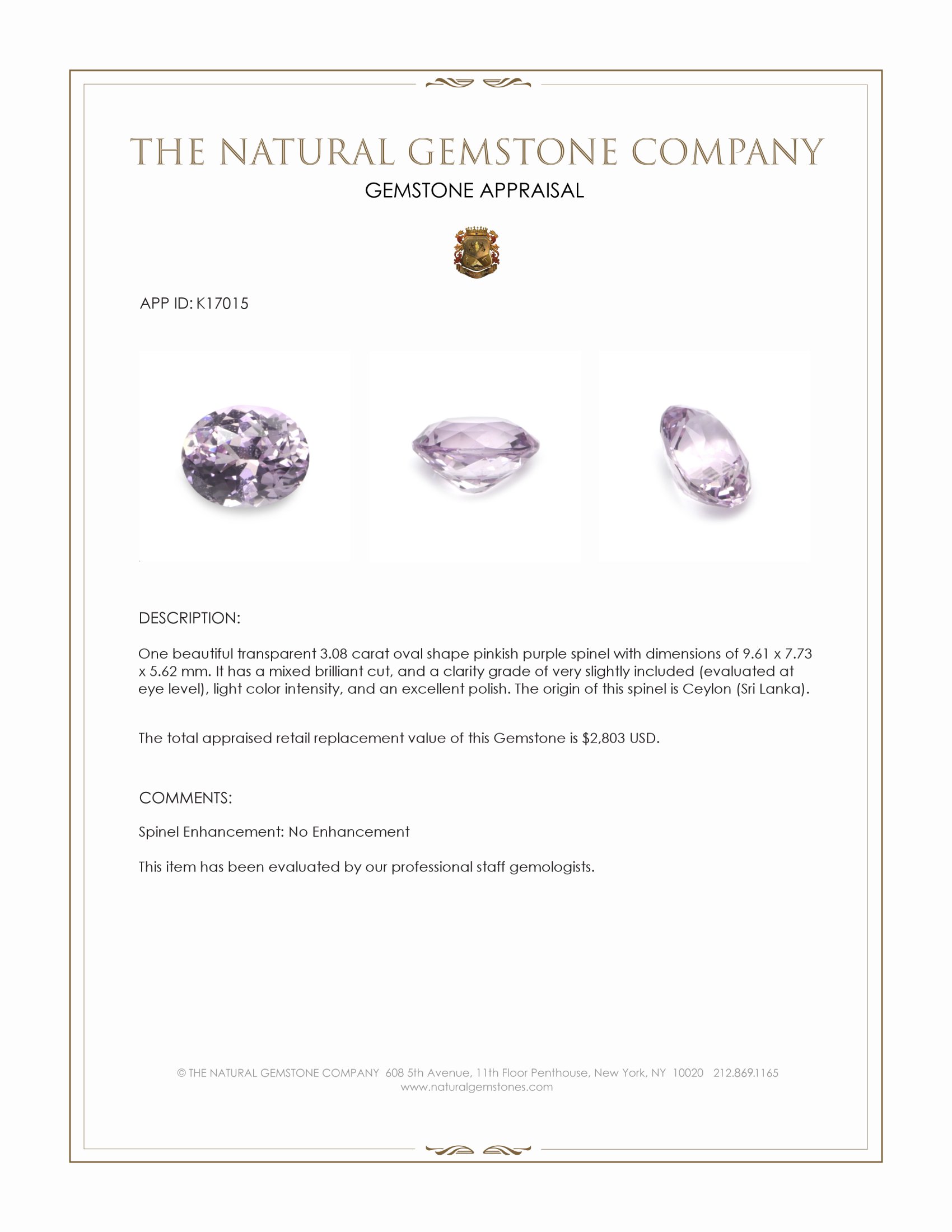 3.08 Ct. Pinkish Purple Spinel from Ceylon (Sri Lanka)
