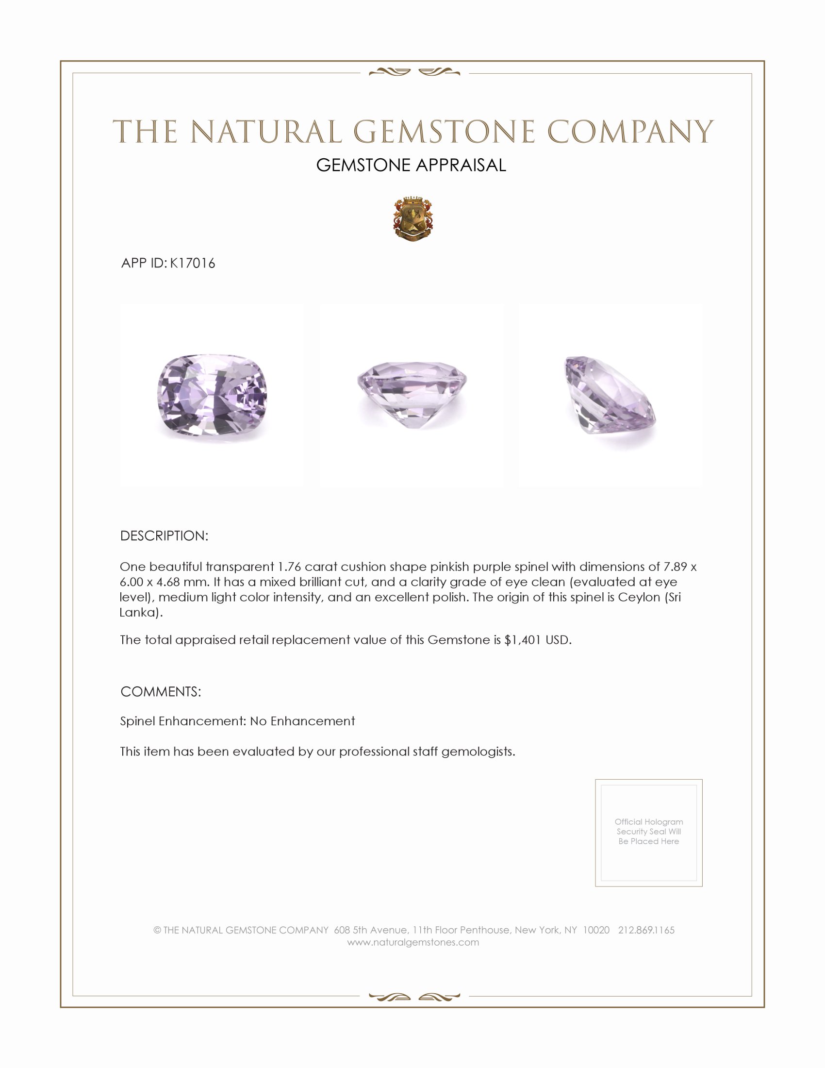 1.76 Ct. Spinel from Ceylon (Sri Lanka)