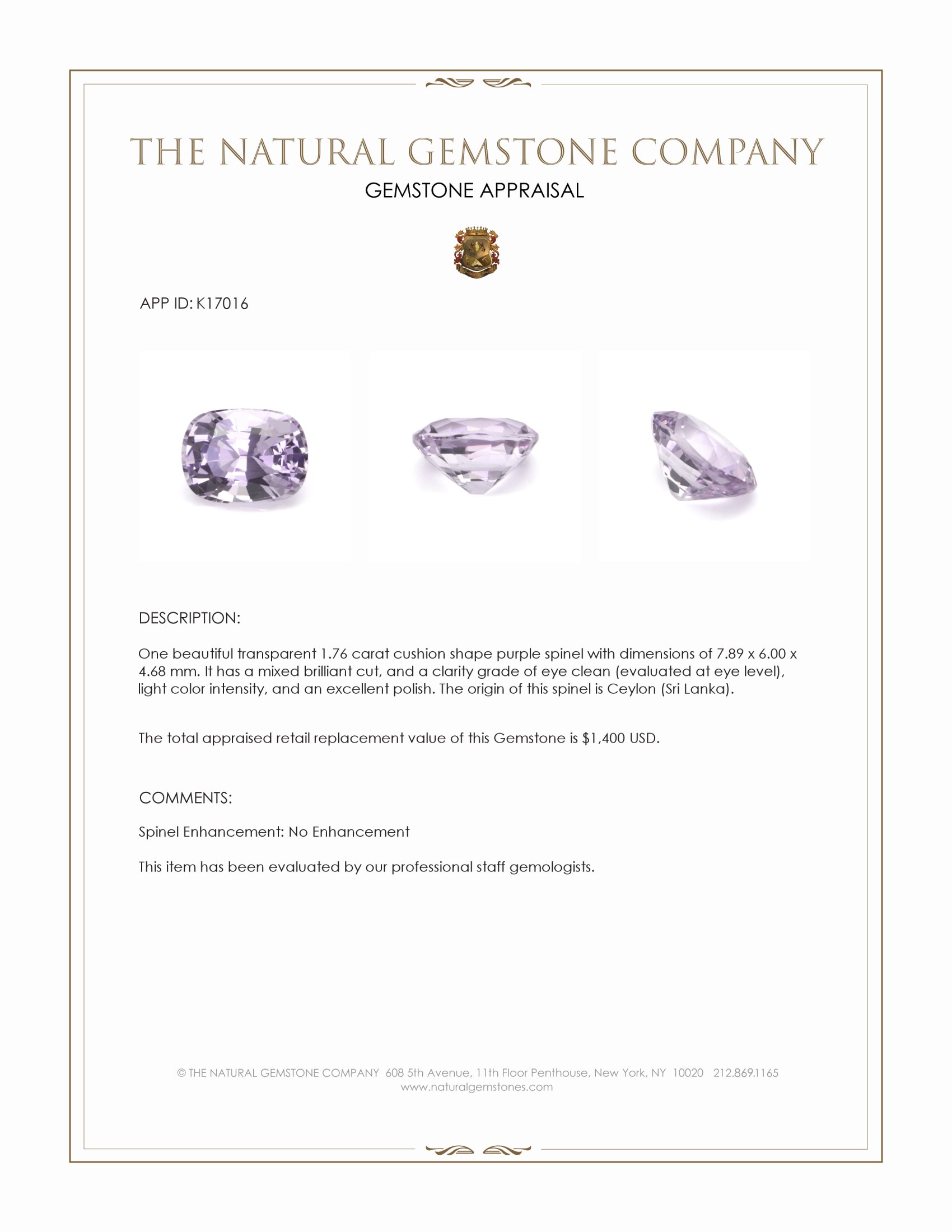 1.76 Ct. Purple Spinel from Ceylon (Sri Lanka)
