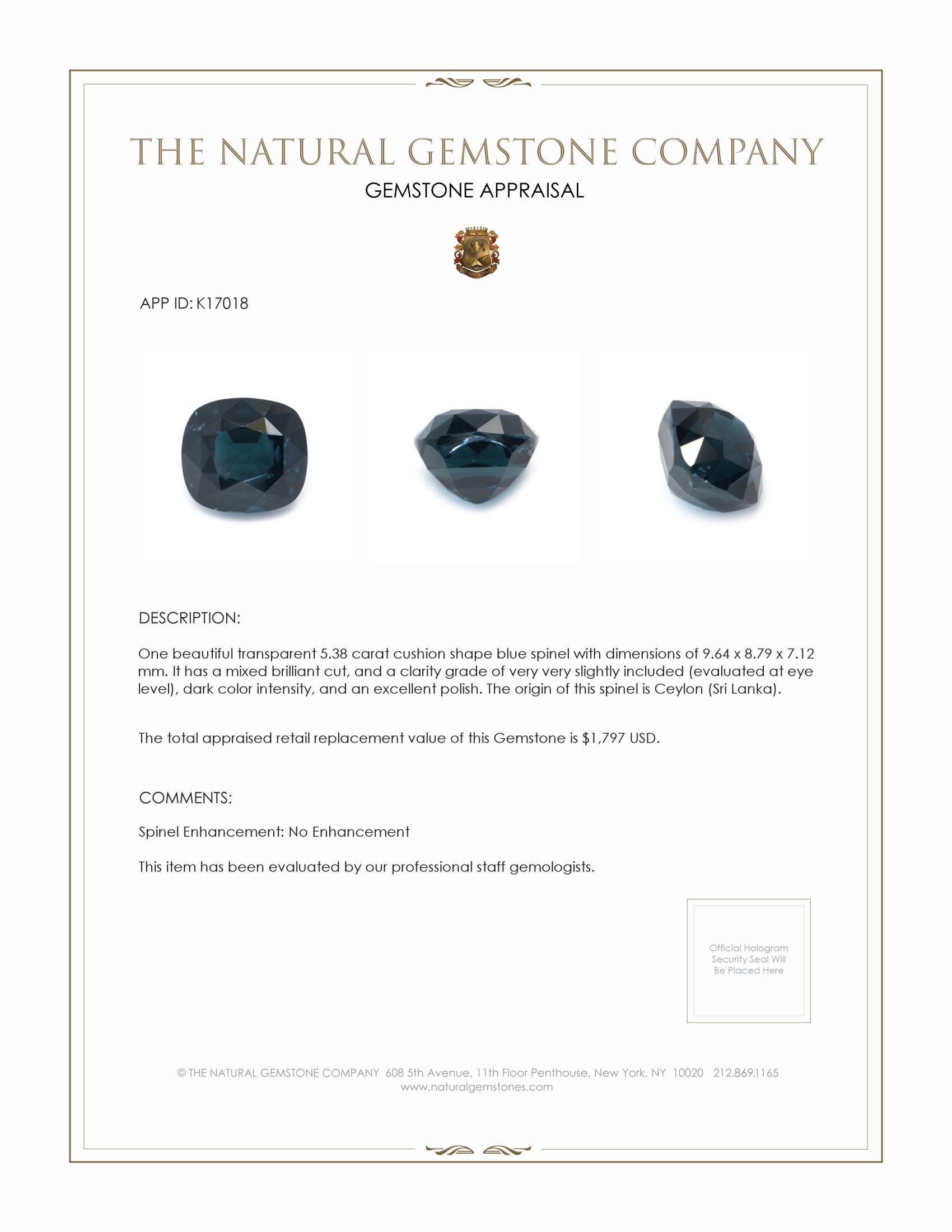 5.38 Ct. Greenish Blue Spinel from Ceylon (Sri Lanka)