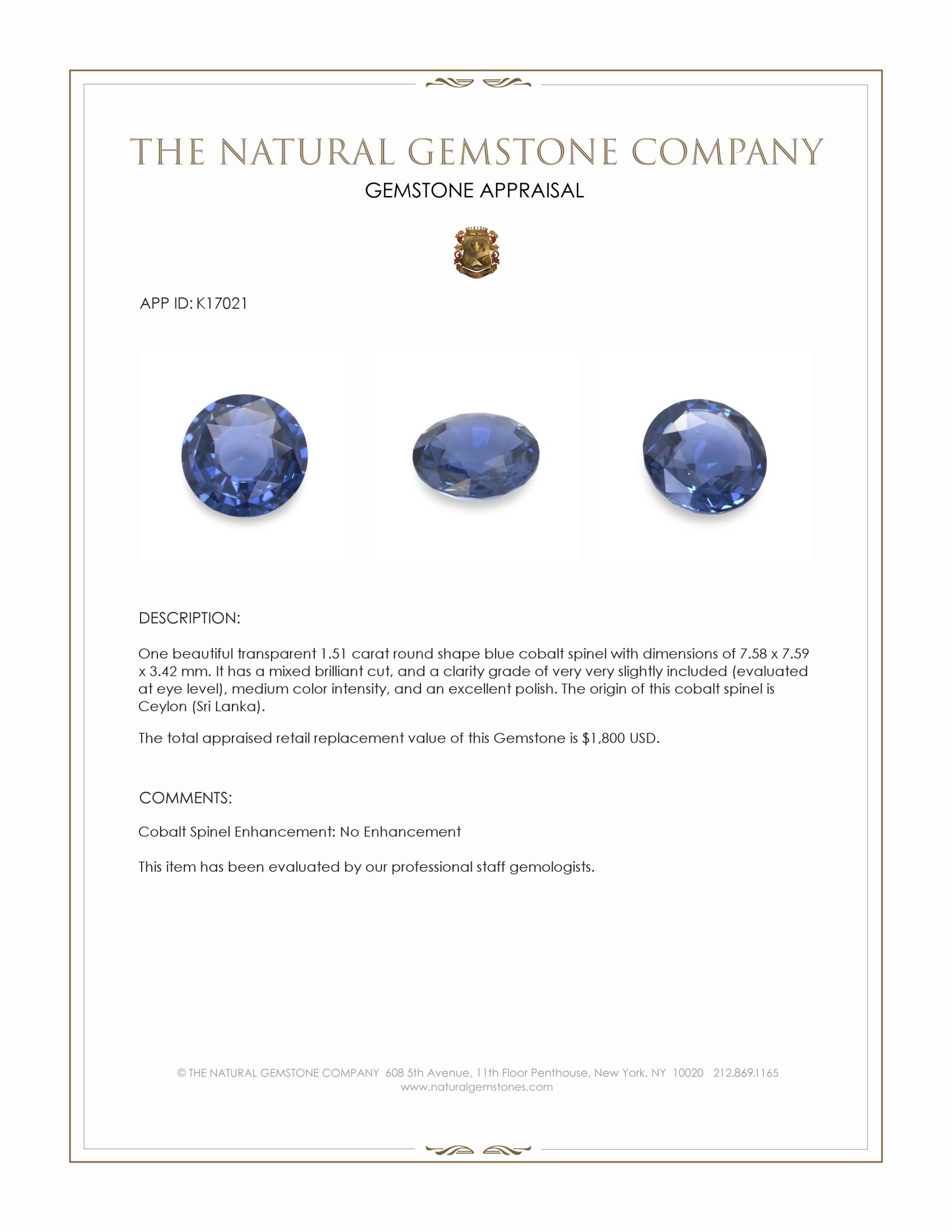 1.51 Ct. Blue Cobalt Spinel from Ceylon (Sri Lanka)
