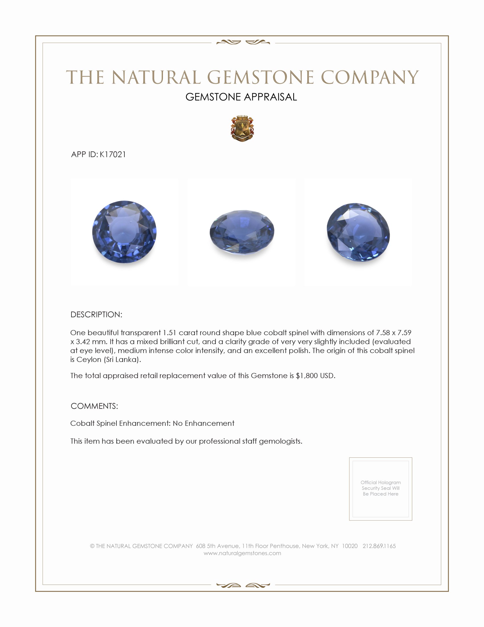 1.51 Ct. Cobalt Spinel from Ceylon (Sri Lanka)