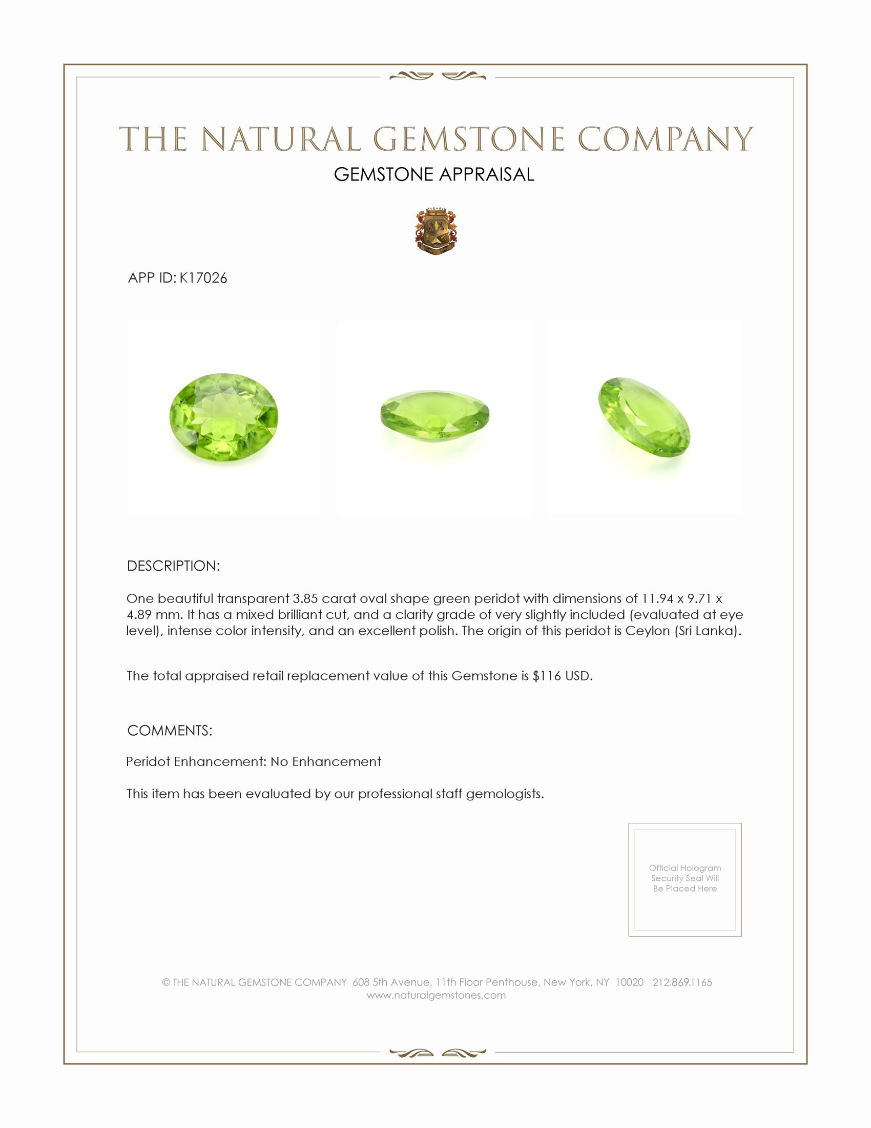 3.85 Ct. Green (Lime Green) Peridot from Ceylon (Sri Lanka)