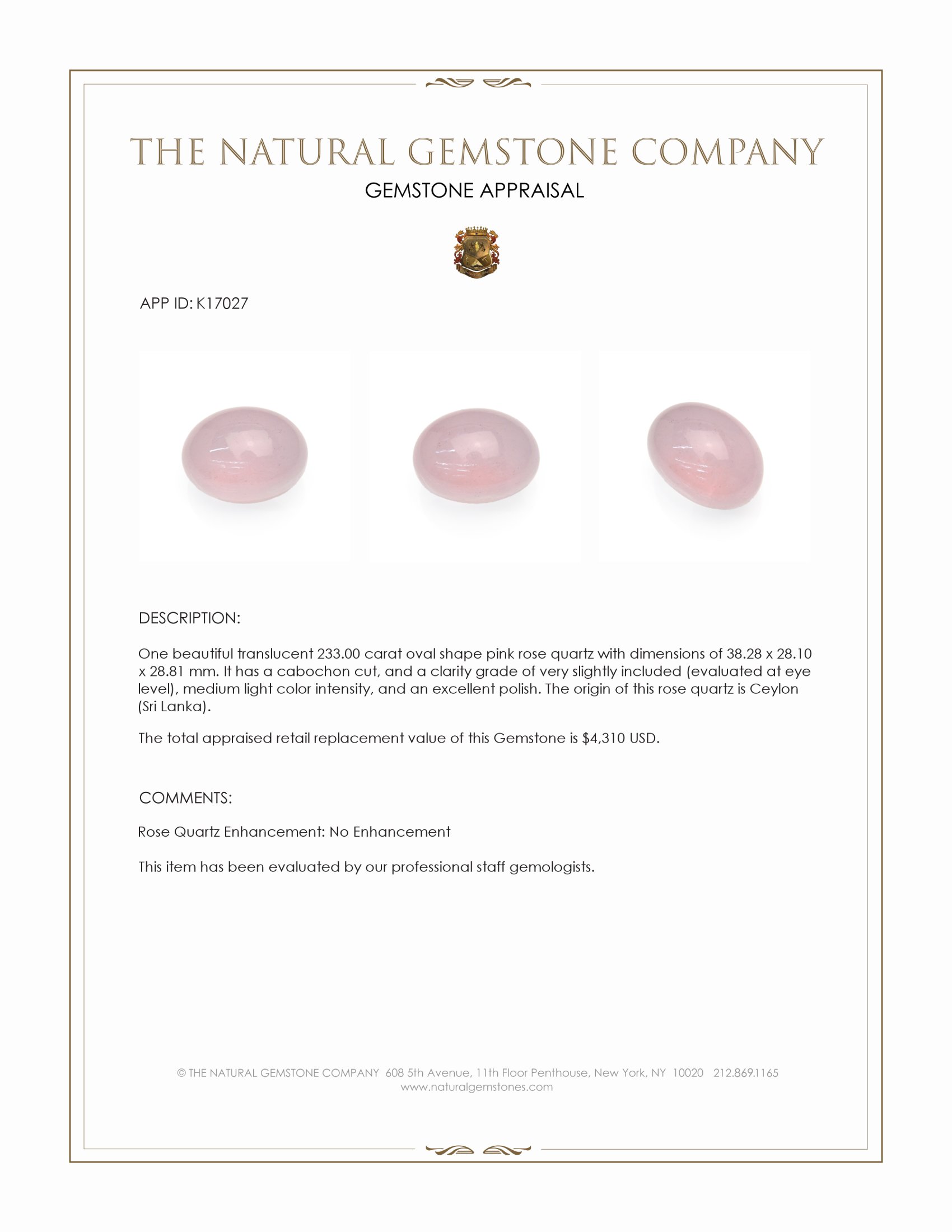 233.00 Ct. Pink Cabochon Rose Quartz from Ceylon (Sri Lanka)