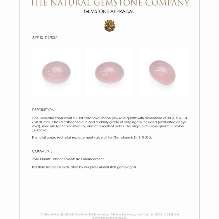 233.00 Ct. Cabochon Rose Quartz from Ceylon (Sri Lanka)
