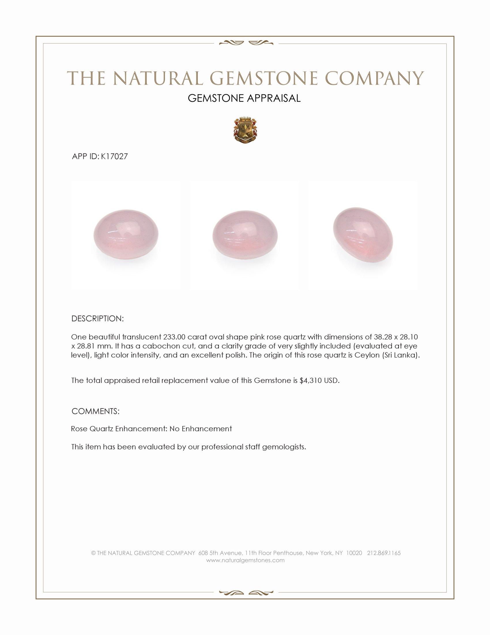 233.00 Ct. Cabochon Rose Quartz from Ceylon (Sri Lanka)