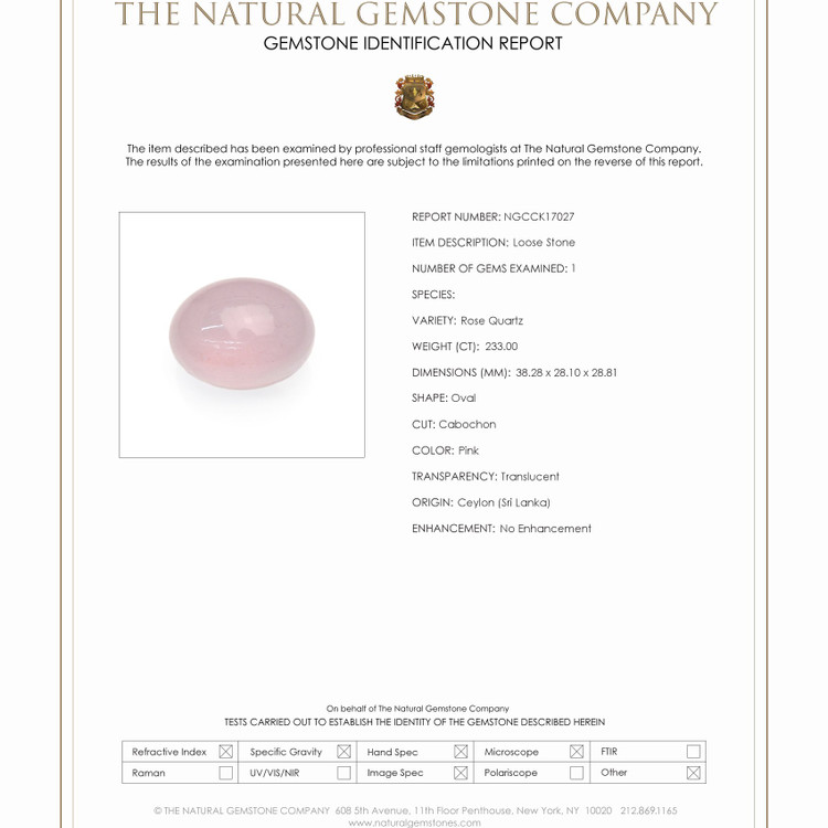 233.00 Ct. Cabochon Rose Quartz from Ceylon (Sri Lanka)