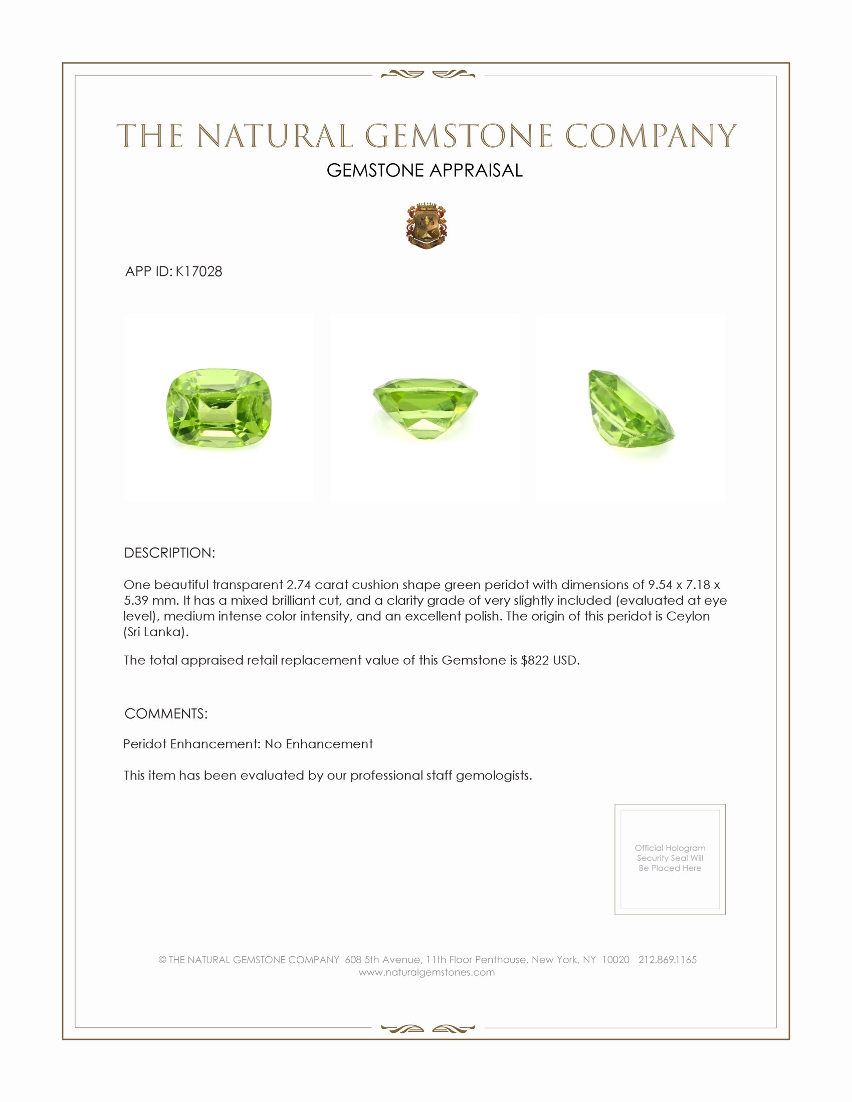 2.74 Ct. Green (Lime Green) Peridot from Ceylon (Sri Lanka)