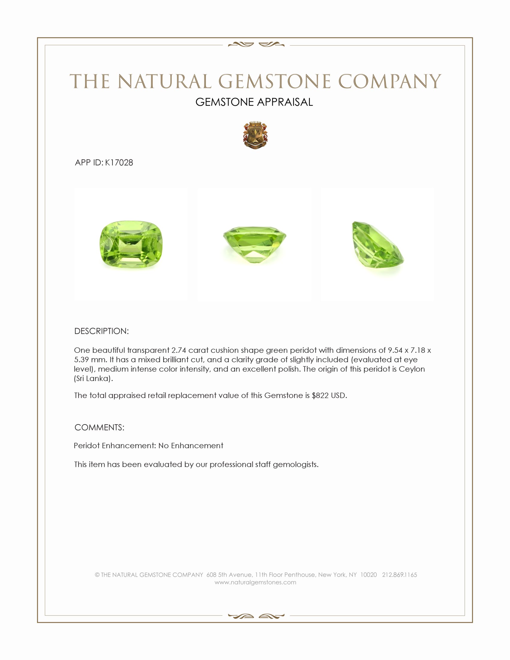 2.74 Ct. Peridot from Ceylon (Sri Lanka)