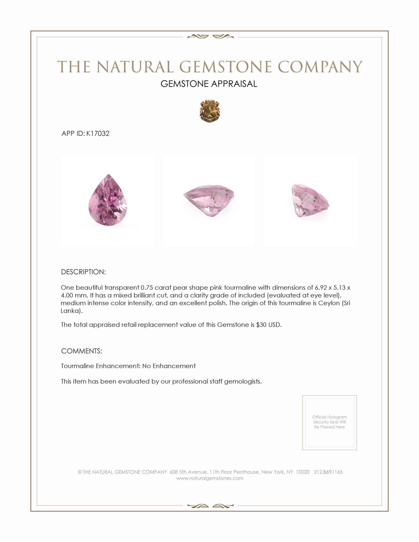 0.75 Ct. Pink Tourmaline from Ceylon (Sri Lanka)
