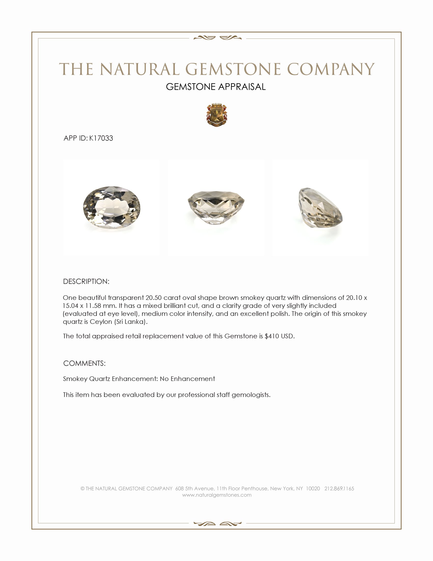 20.50 Ct. Smokey Quartz from Ceylon (Sri Lanka)