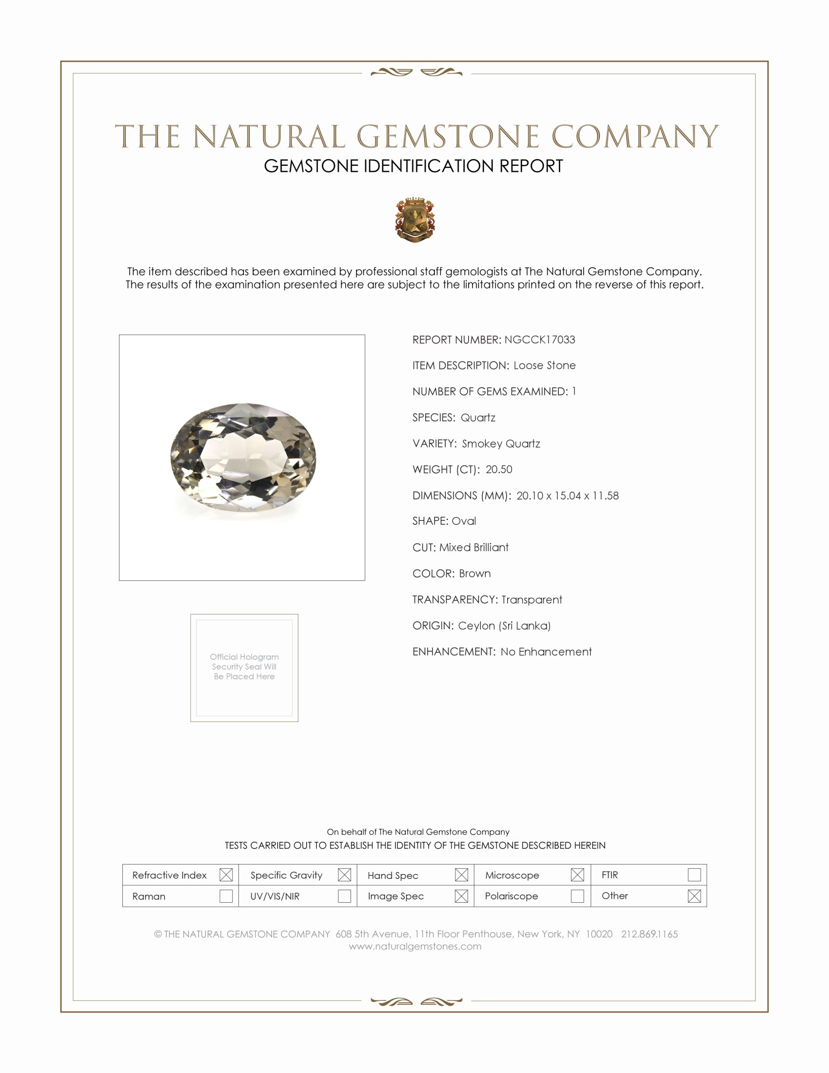 20.50 Ct. Smokey Quartz from Ceylon (Sri Lanka)