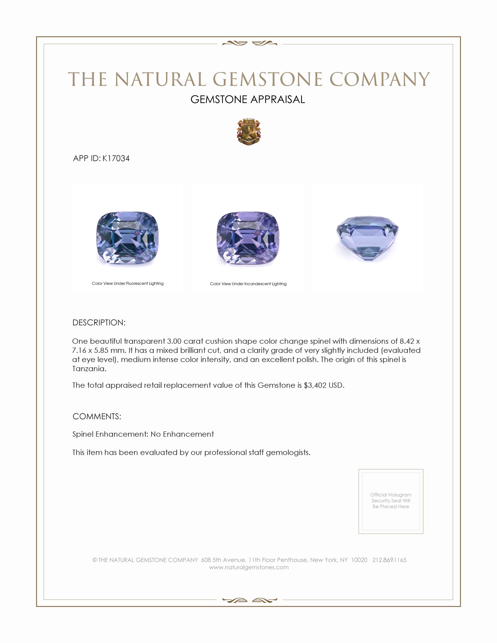 3.00 Ct. Color Change Spinel from Tanzania