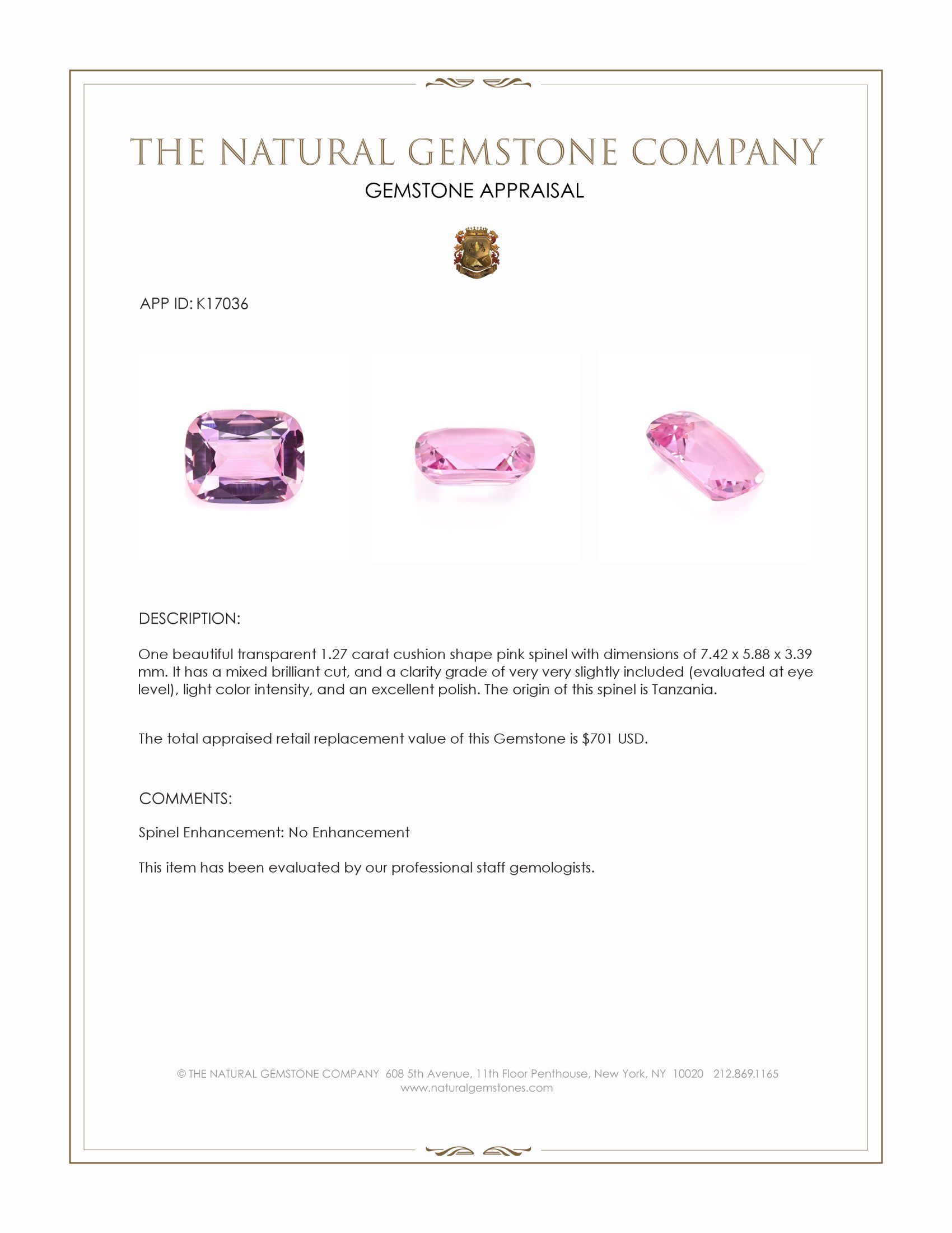 1.27 Ct. Pink Spinel from Tanzania