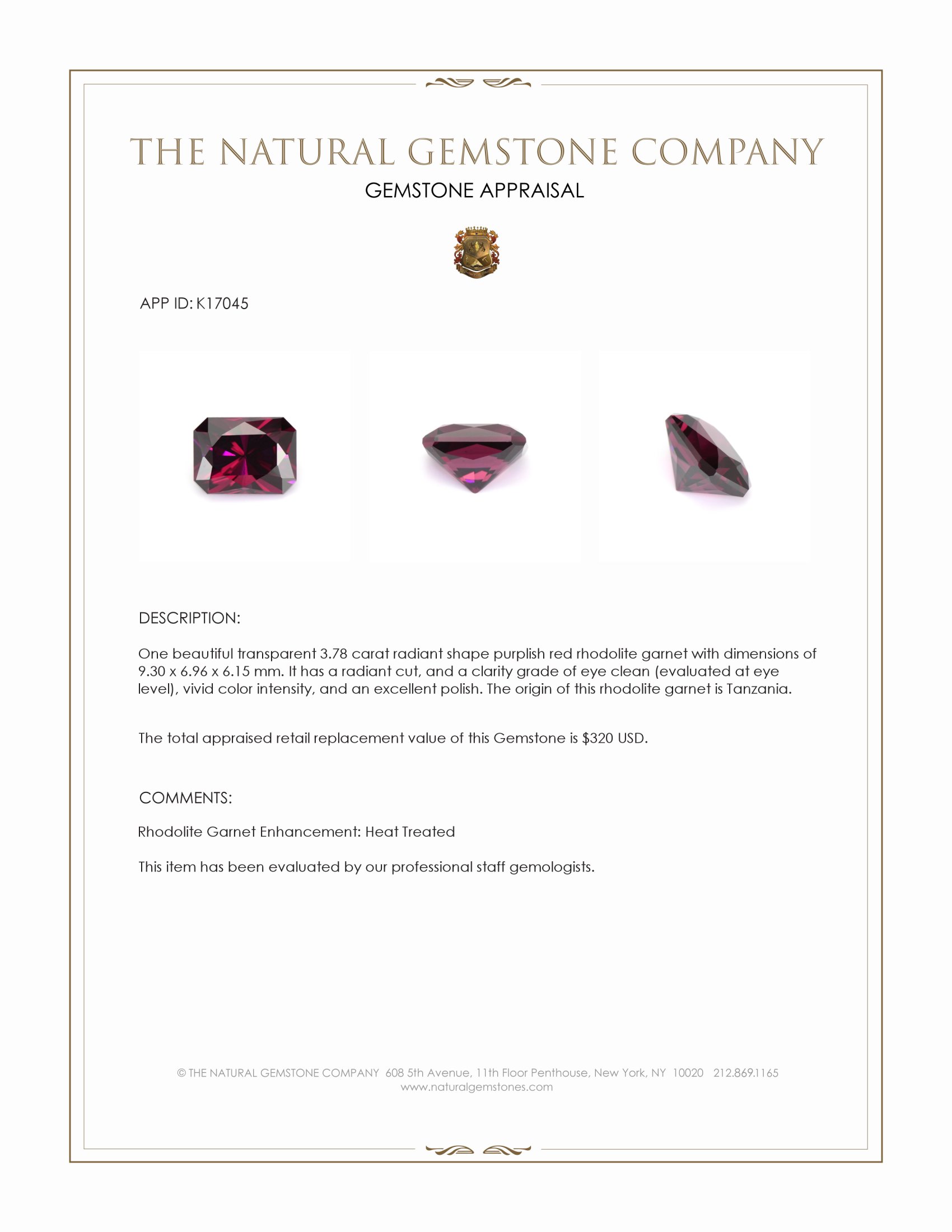 3.78 Ct. Rhodolite Garnet from Tanzania