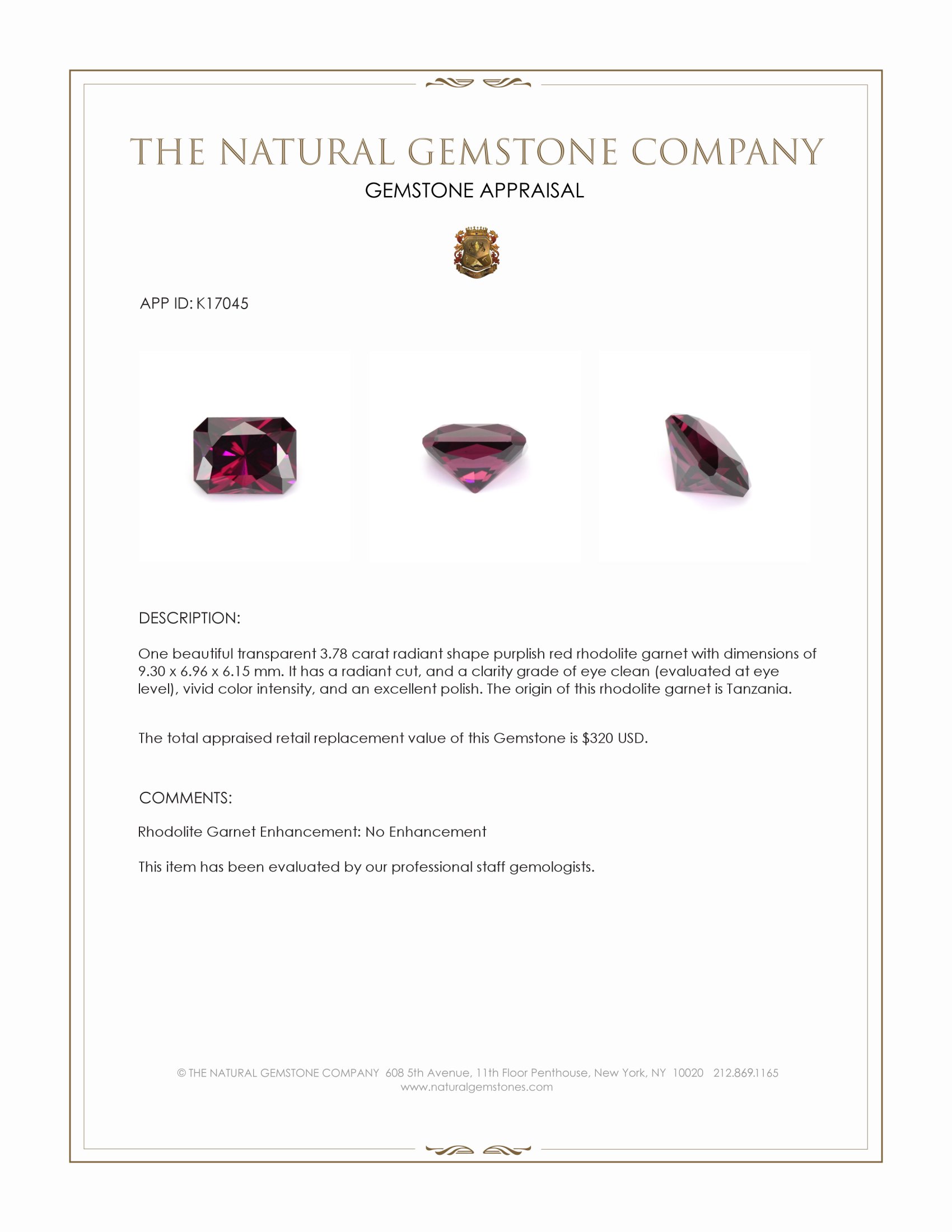 3.78 Ct. Purplish Red Rhodolite Garnet from Tanzania