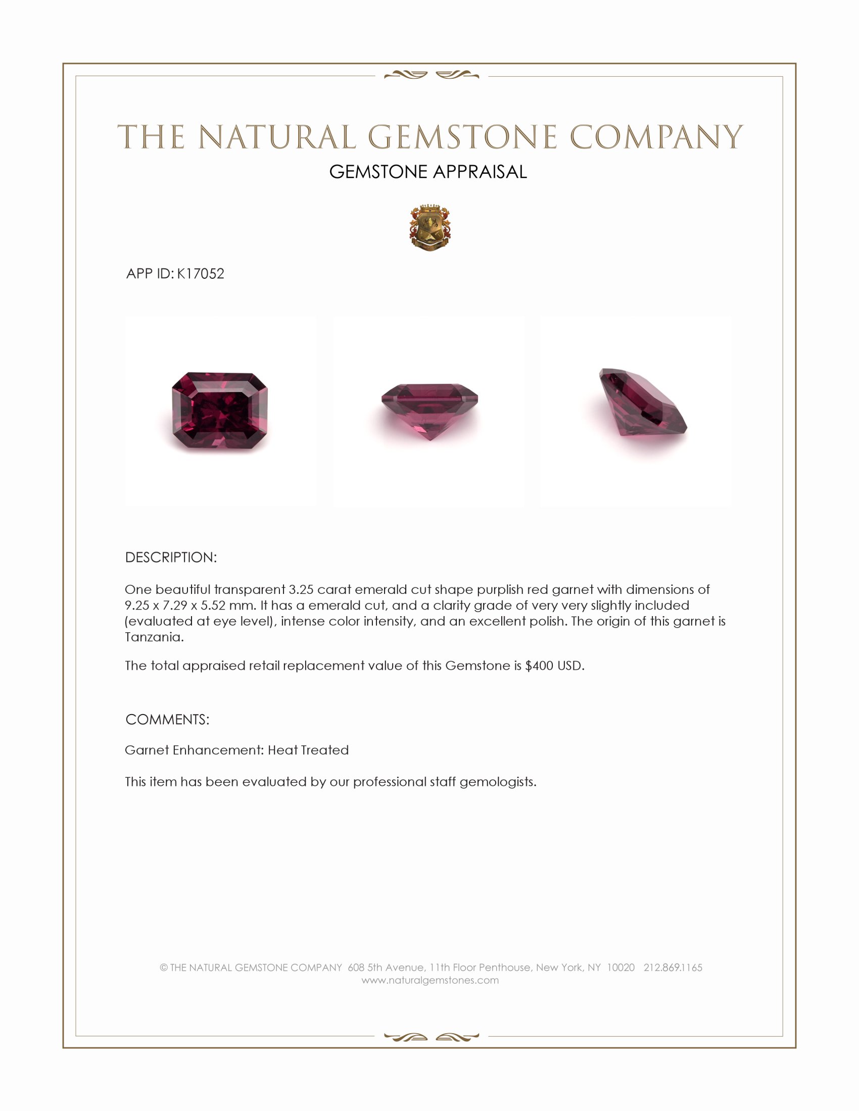 3.25 Ct. Garnet from Tanzania
