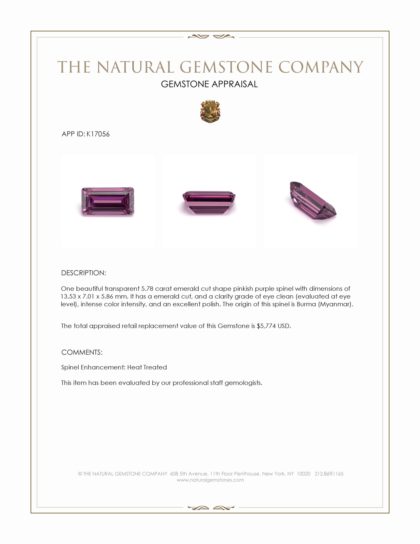 5.78 Ct. Pinkish Purple Spinel from Burma (Myanmar)