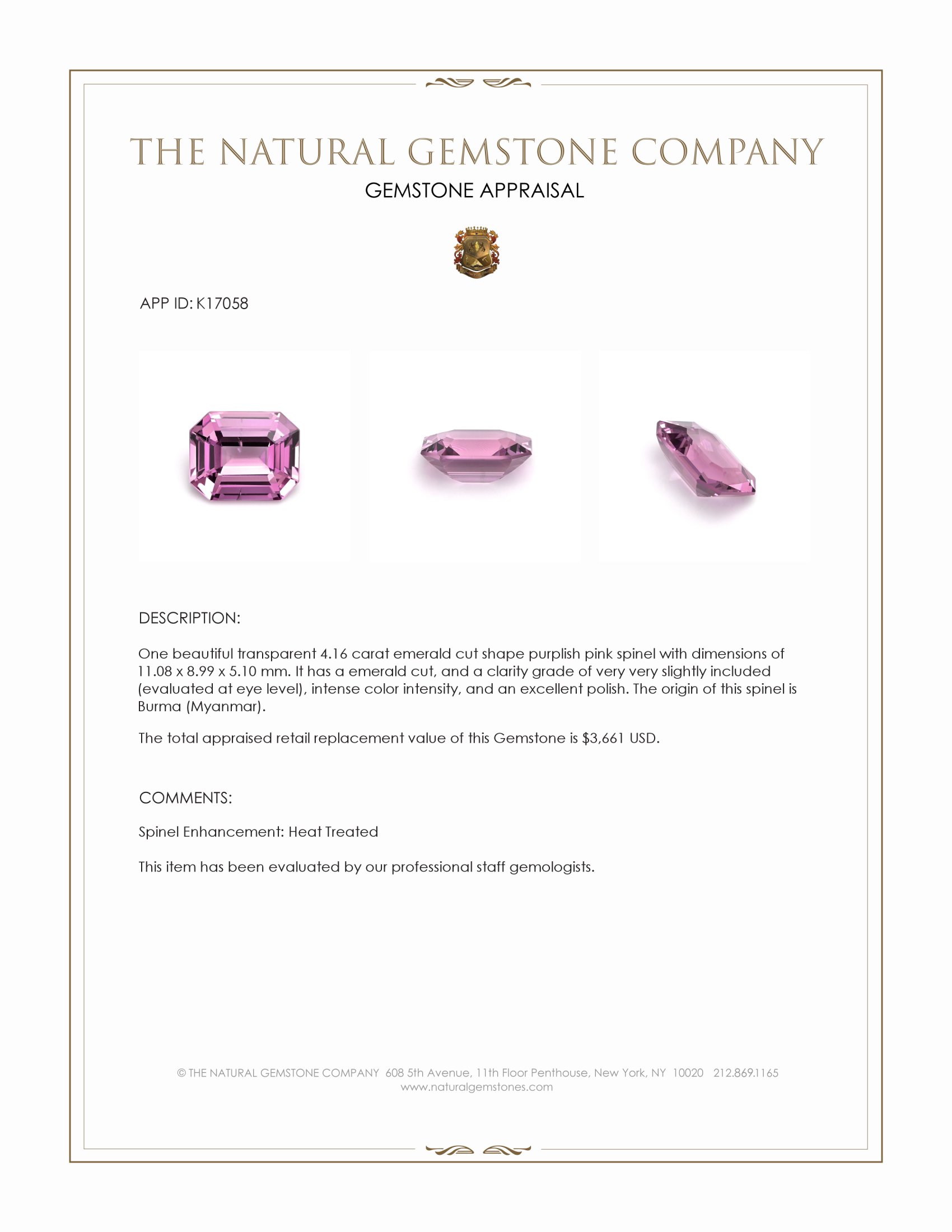 4.16 Ct. Purplish Pink Spinel from Burma (Myanmar)