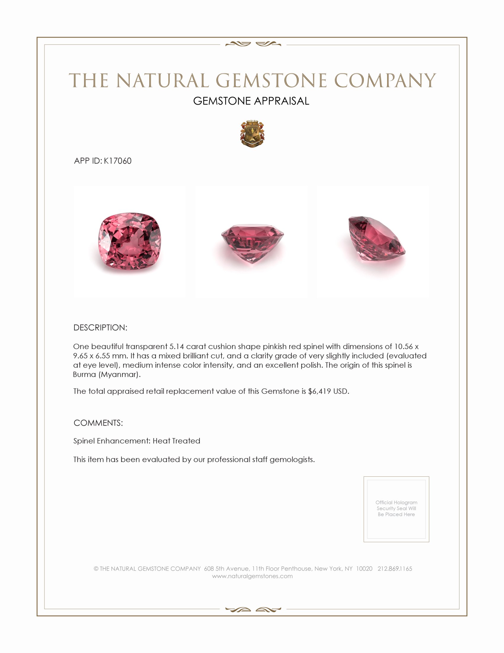 5.14 Ct. Spinel from Burma (Myanmar)