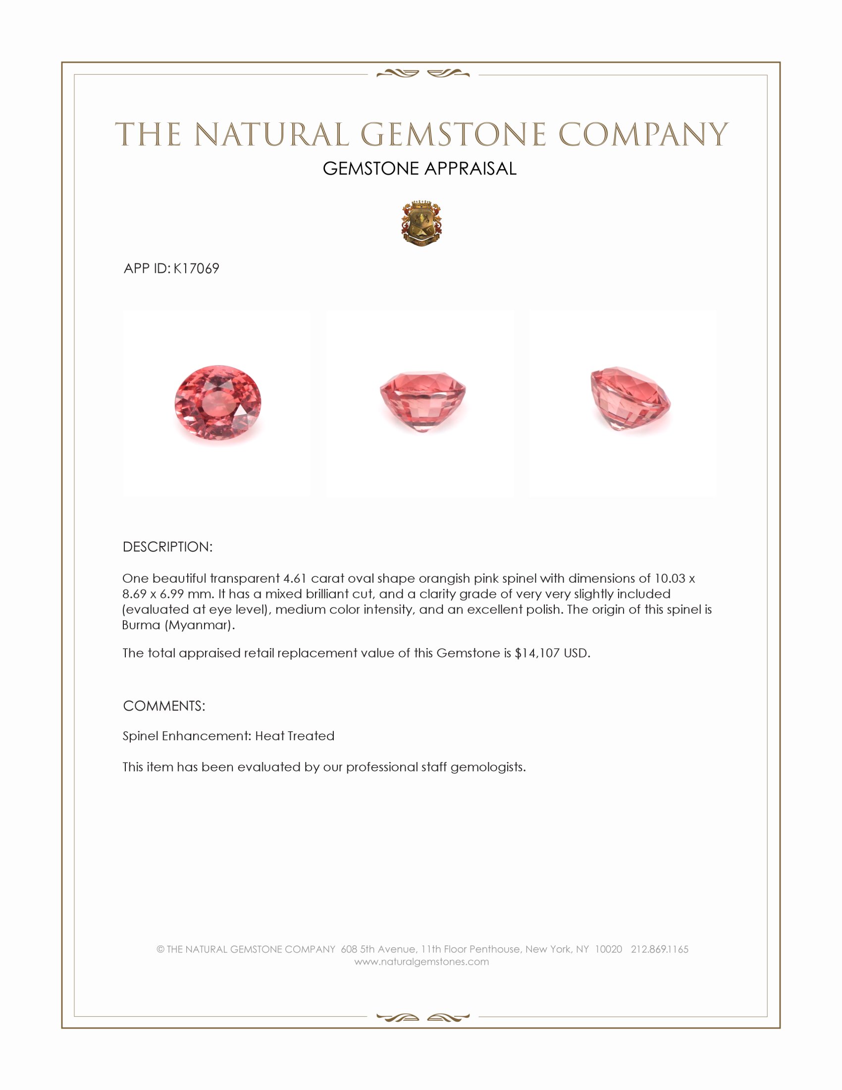 4.61 Ct. Orangish Pink Spinel from Burma (Myanmar)