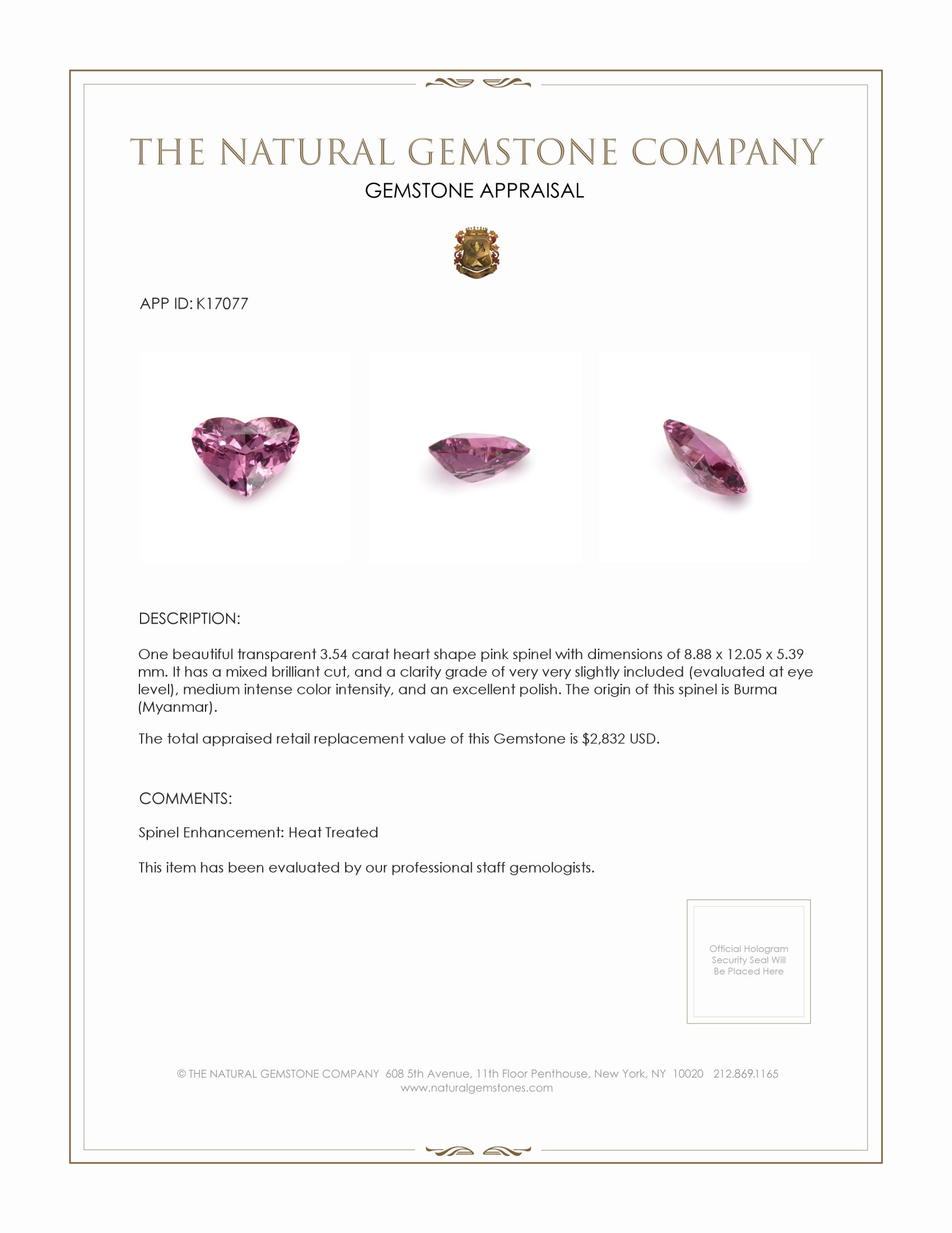 3.54 Ct. Pink Spinel from Burma (Myanmar)