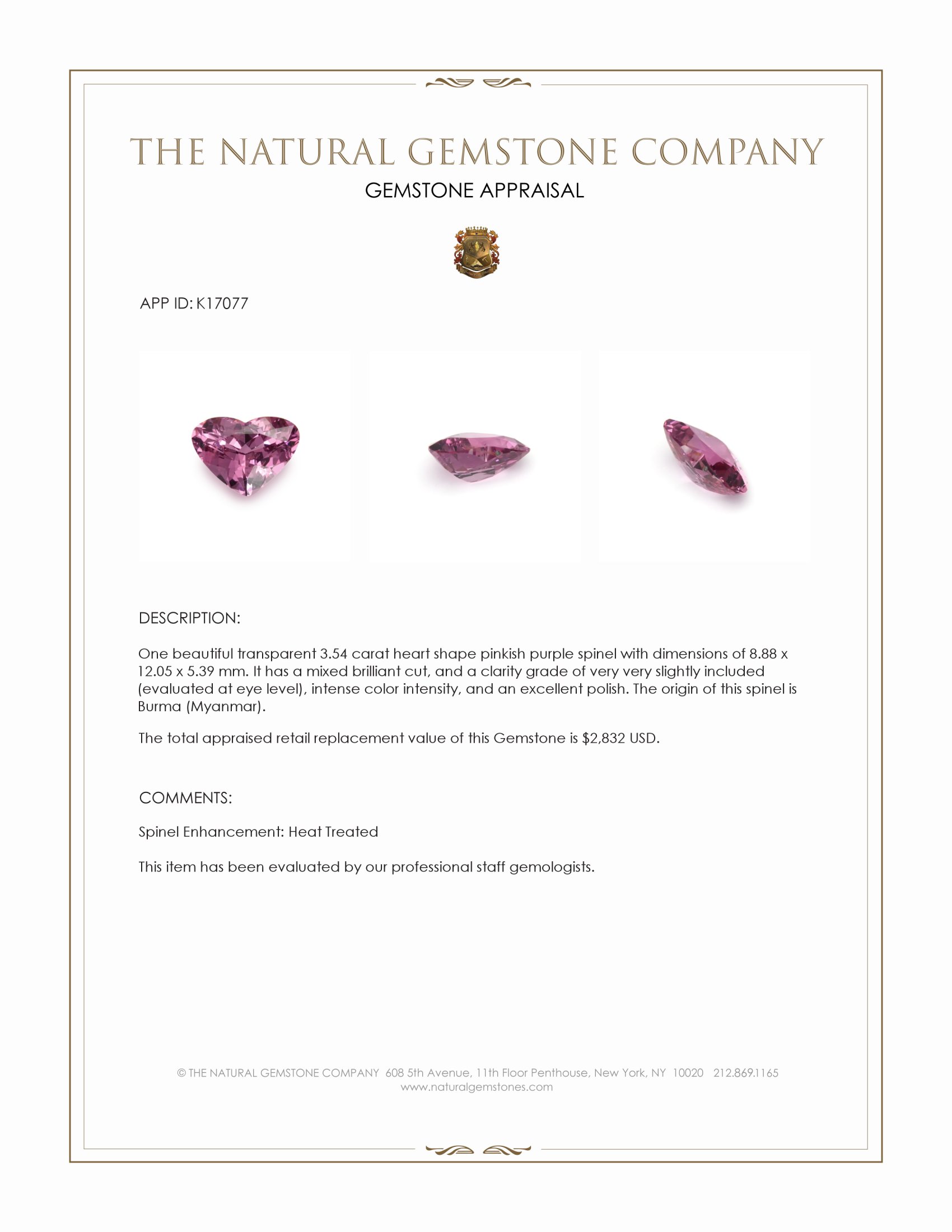 3.54 Ct. Pinkish Purple Spinel from Burma (Myanmar)