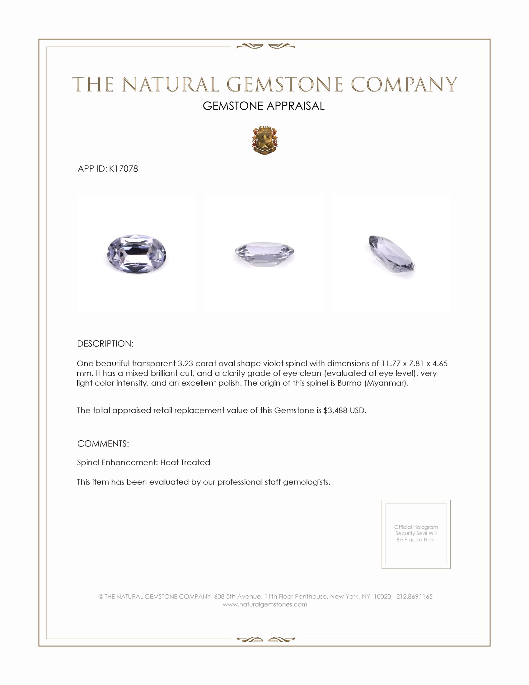 3.23 Ct. Spinel from Burma (Myanmar)