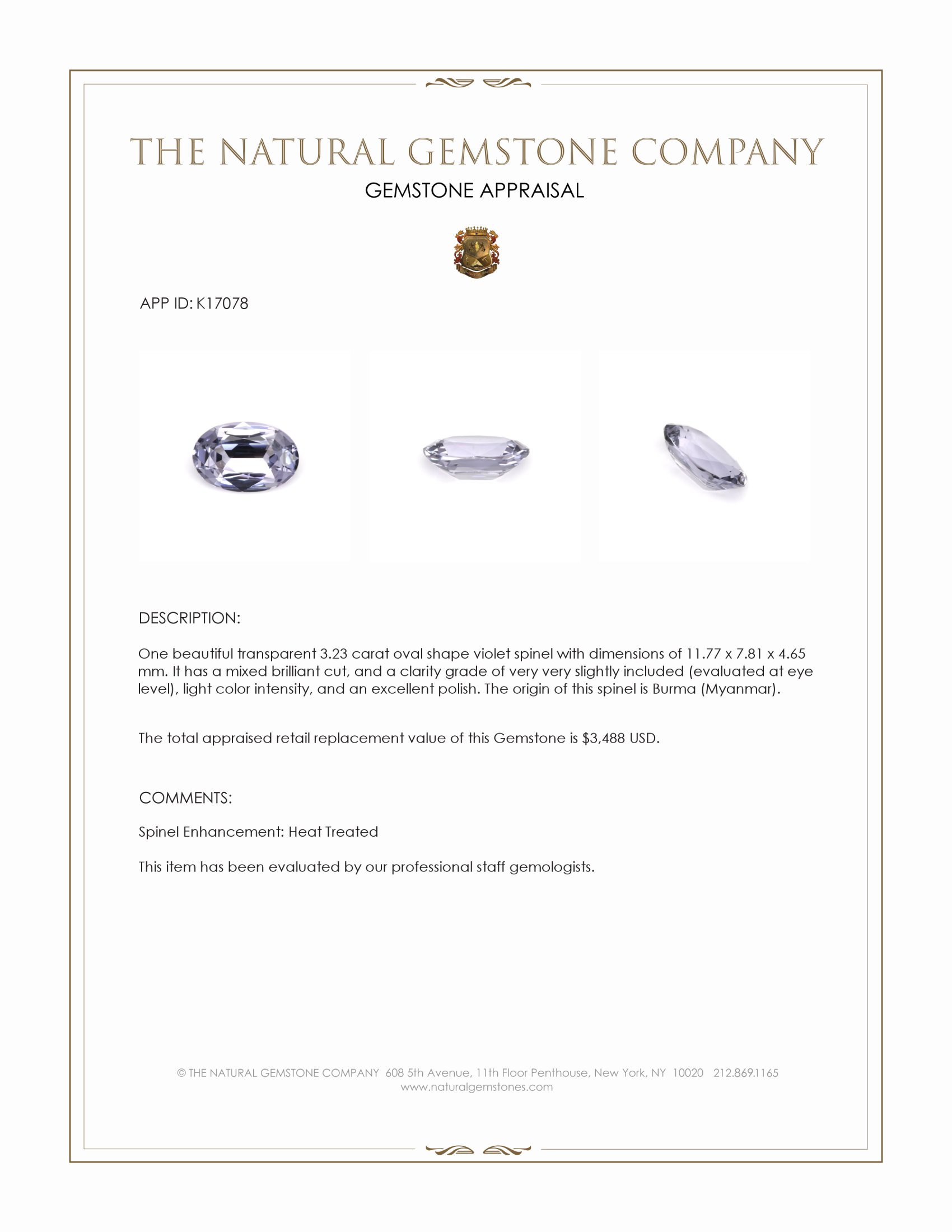3.23 Ct. Violet Spinel from Burma (Myanmar)