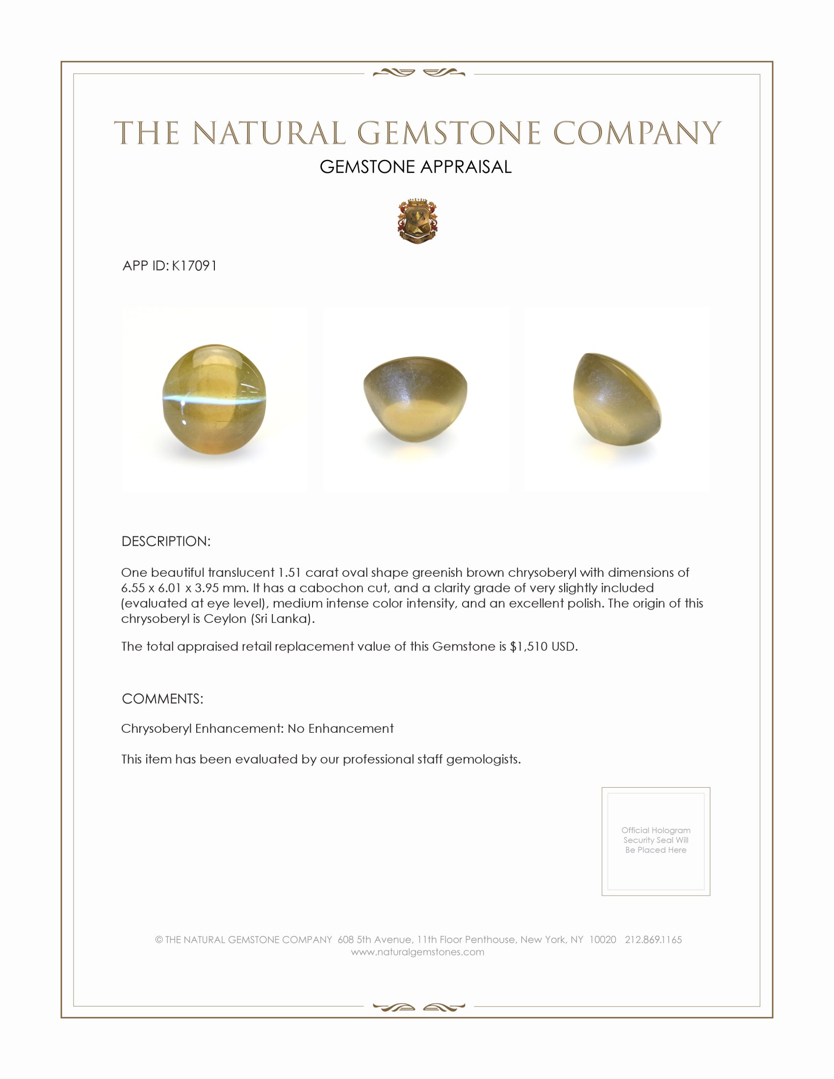 1.51 Ct. Cabochon Chrysoberyl from Ceylon (Sri Lanka)