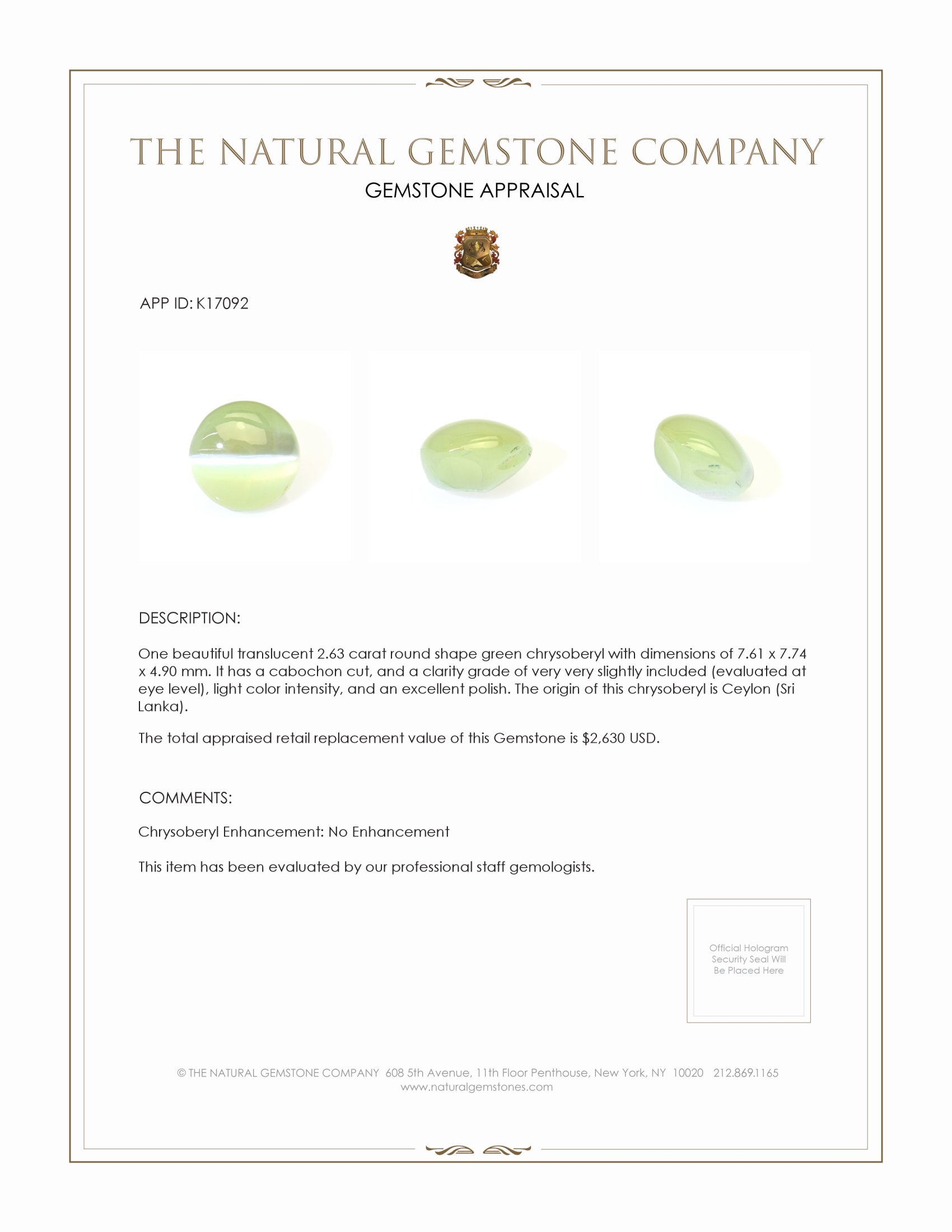 2.63 Ct. Cabochon Chrysoberyl from Ceylon (Sri Lanka)