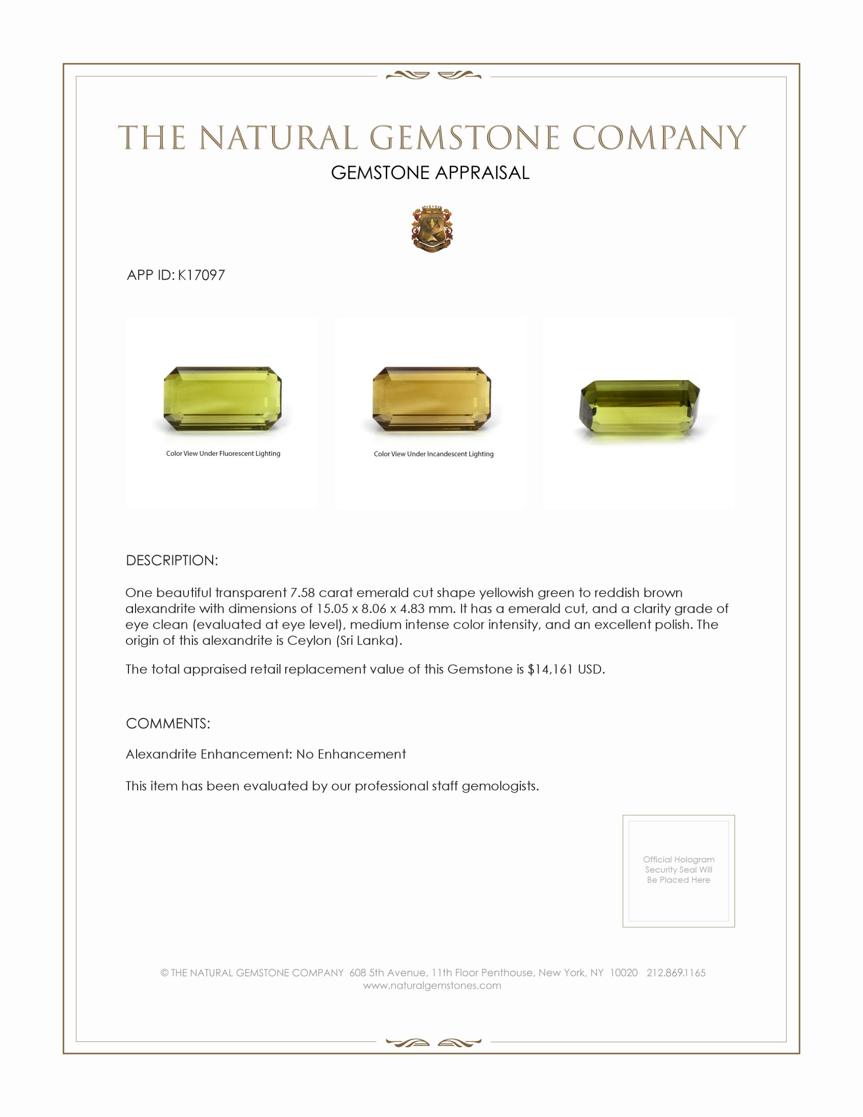 7.58 Ct. Alexandrite from Ceylon (Sri Lanka)