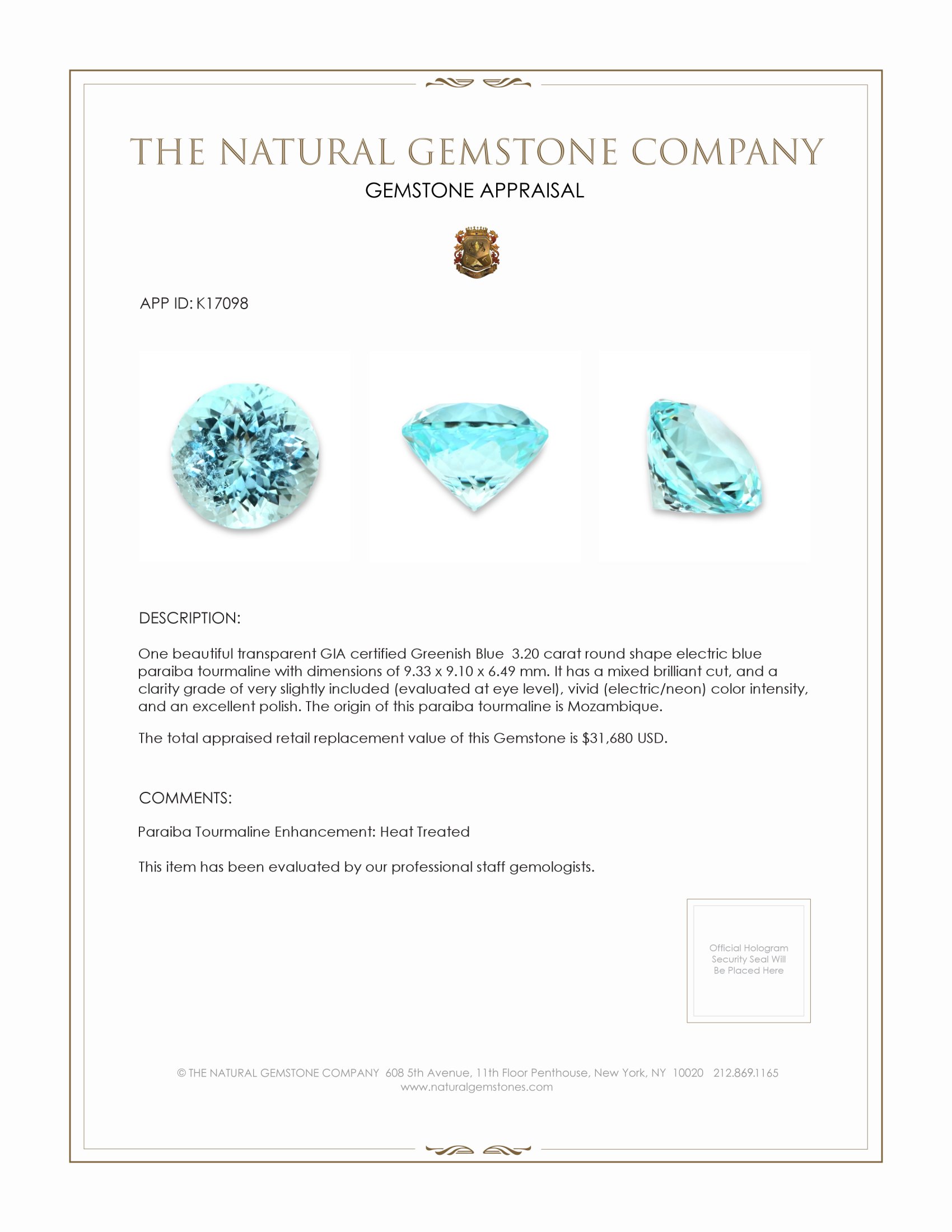 3.20 Ct. Greenish Blue Paraiba Tourmaline from Mozambique