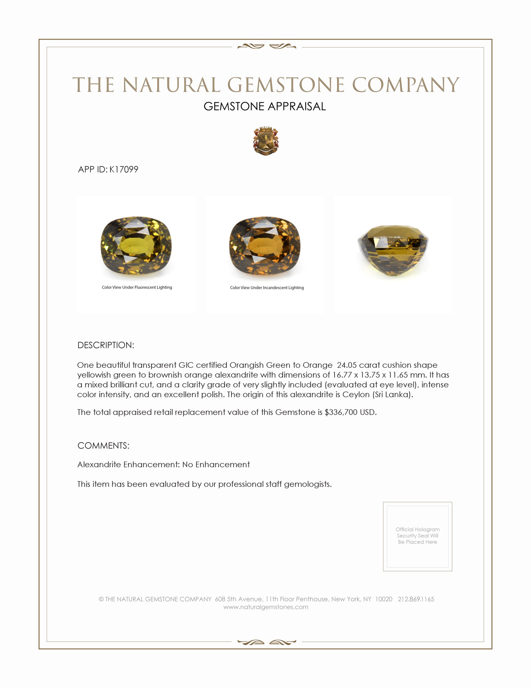 24.05 Ct. Alexandrite from Ceylon (Sri Lanka)