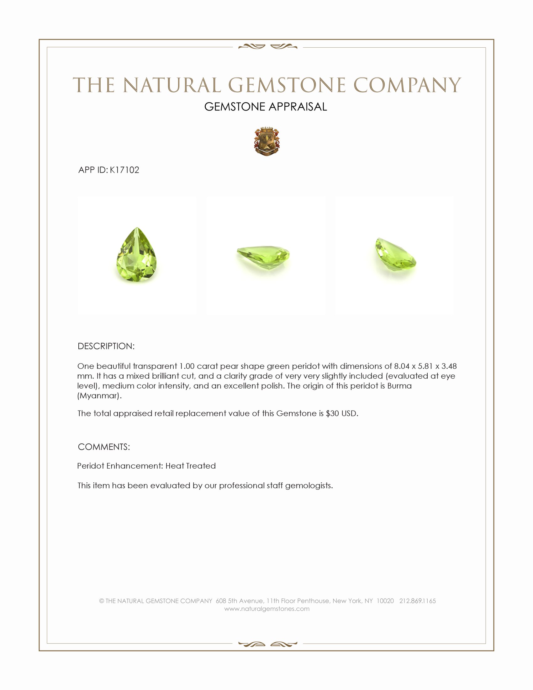 1.00 Ct. Peridot from Burma (Myanmar)