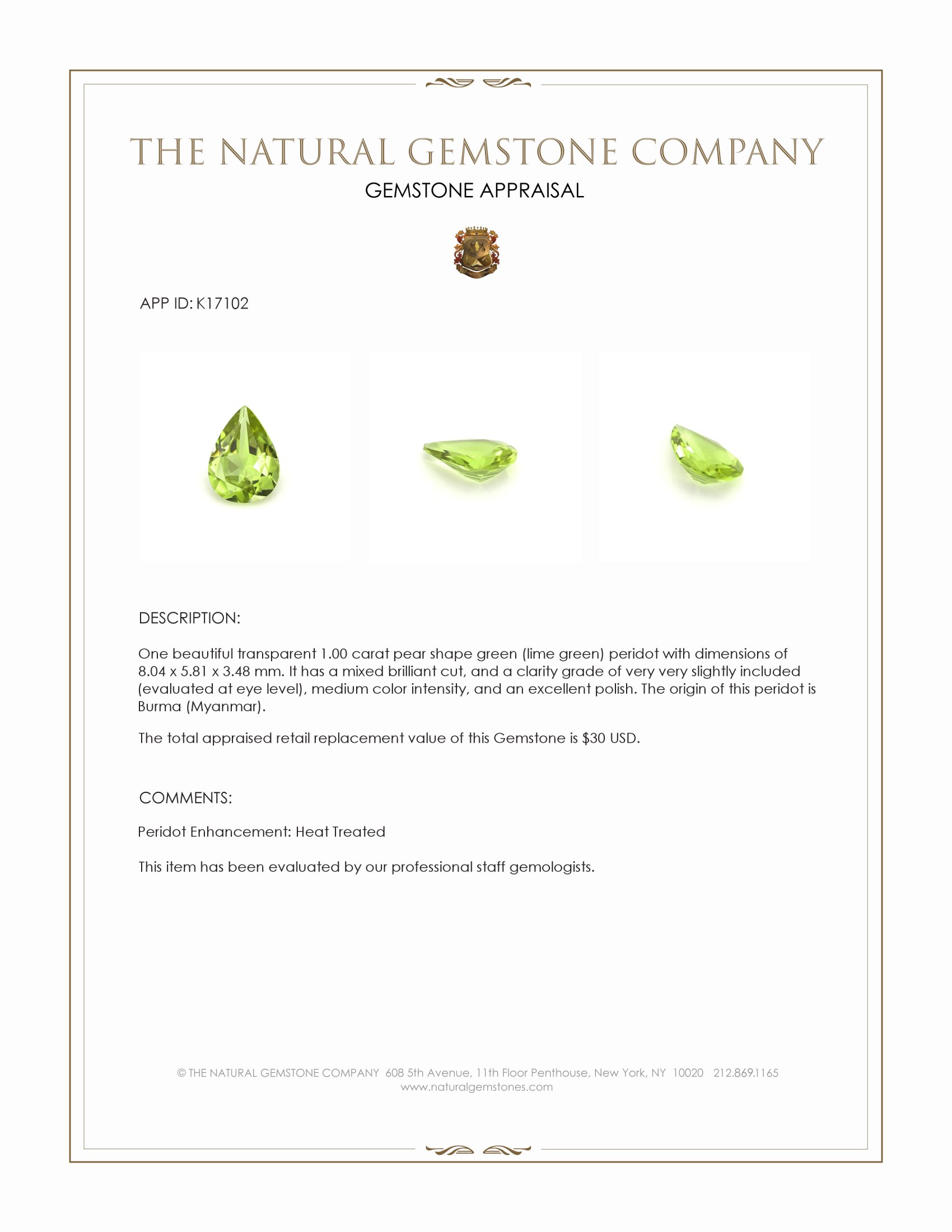 1.00 Ct. Green (Lime Green) Peridot from Burma (Myanmar)