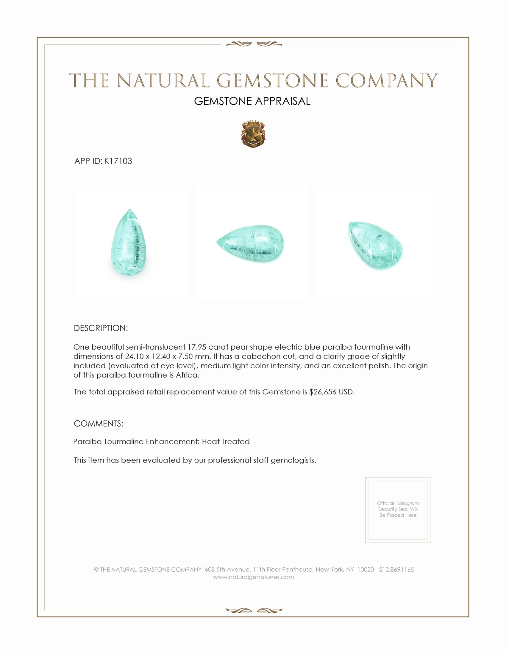 17.95 Ct. Cabochon Paraiba Tourmaline from Africa