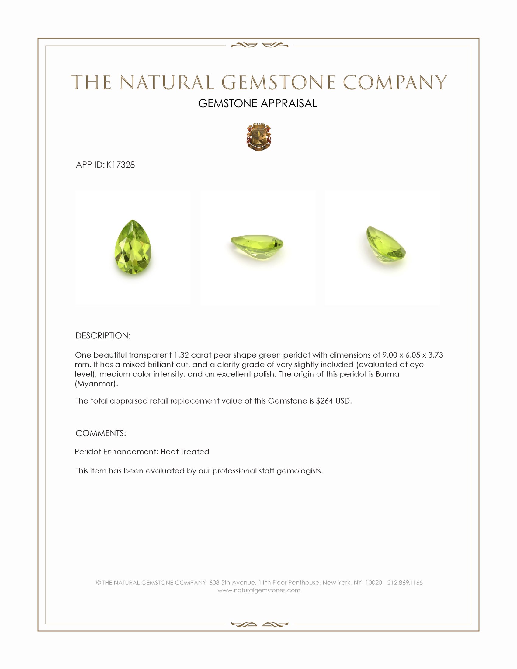 1.32 Ct. Green (Lime Green) Peridot from Burma (Myanmar)