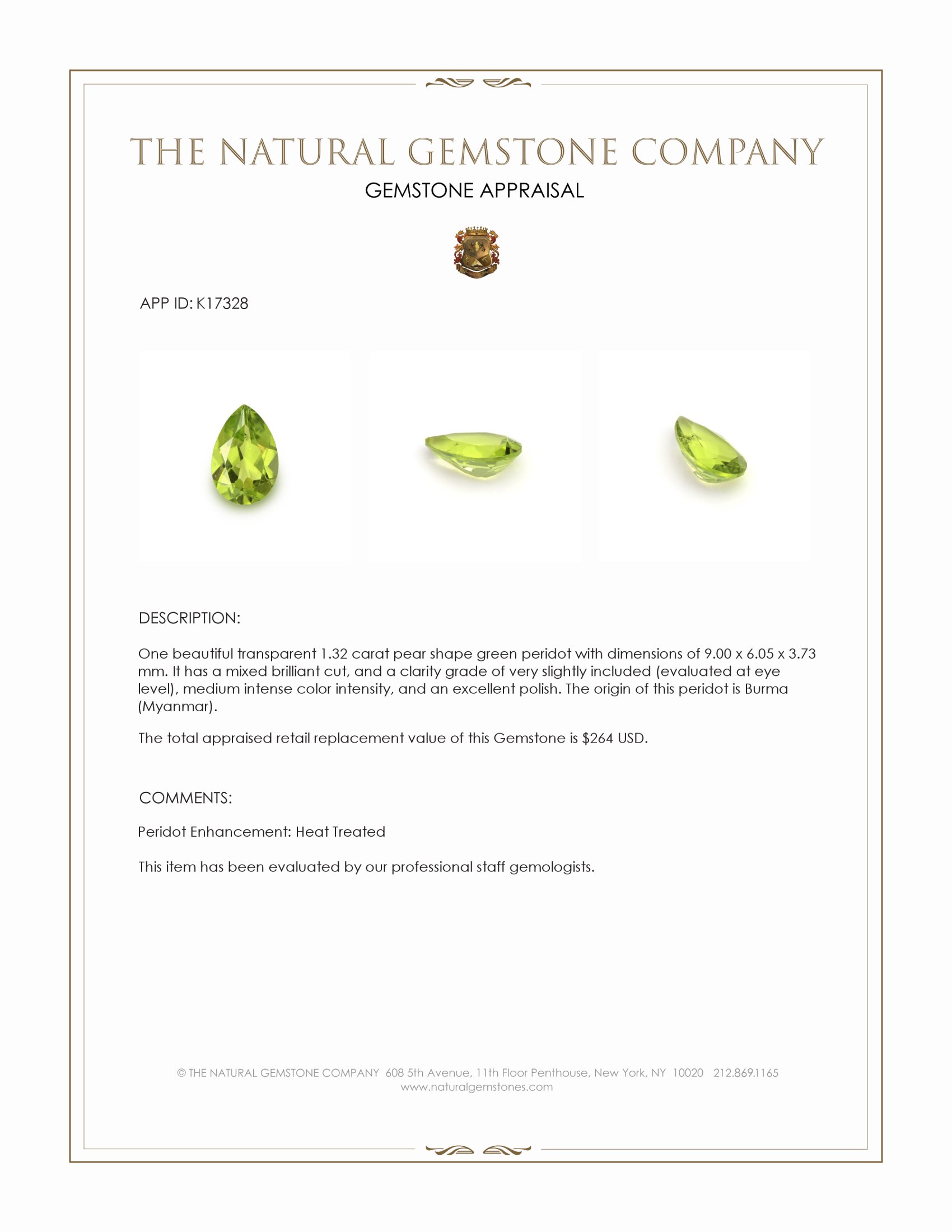 1.32 Ct. Peridot from Burma (Myanmar)