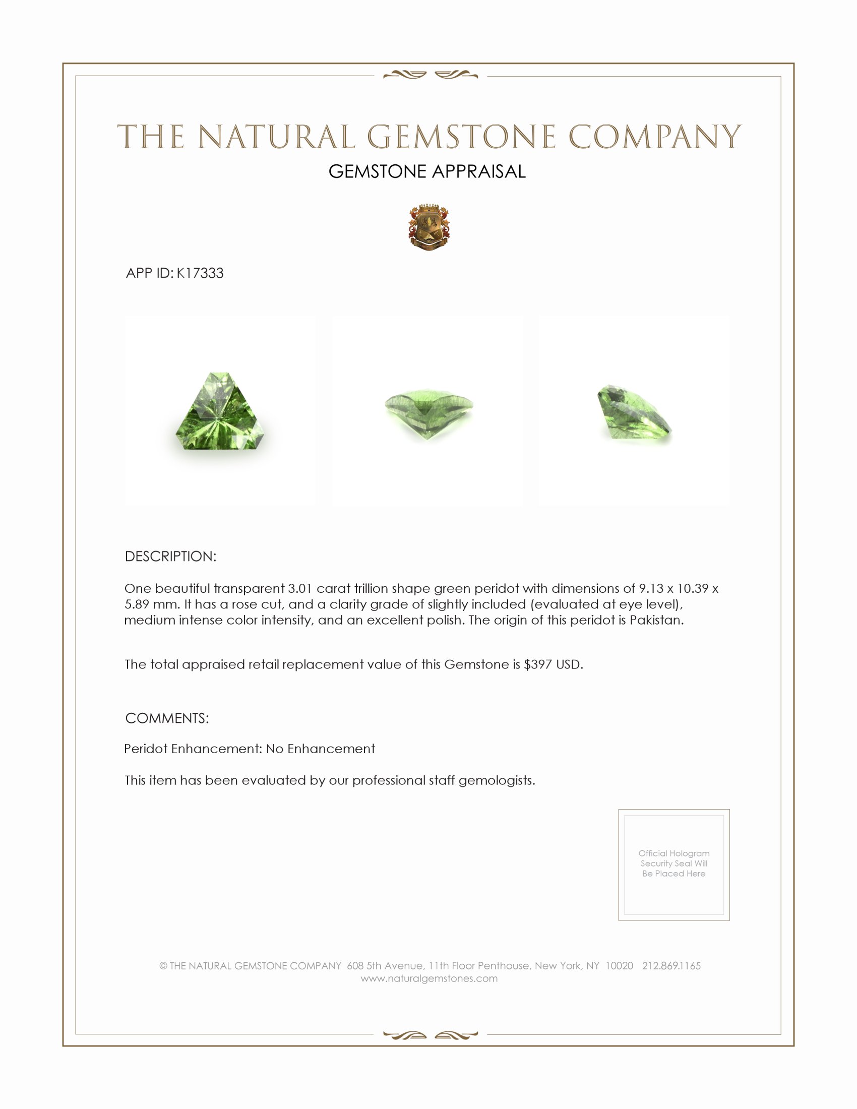 3.01 Ct. Green (Lime Green) Peridot from Pakistan