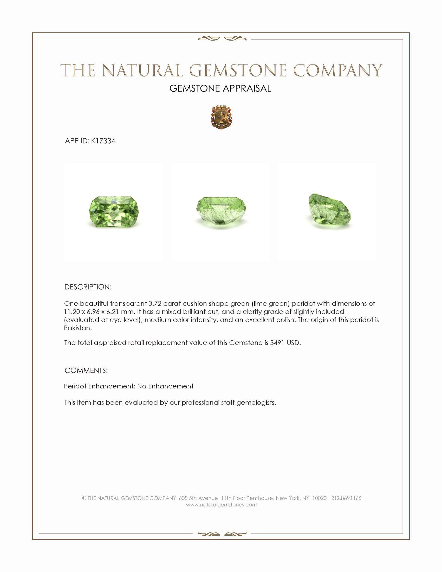 3.72 Ct. Green (Lime Green) Peridot from Pakistan