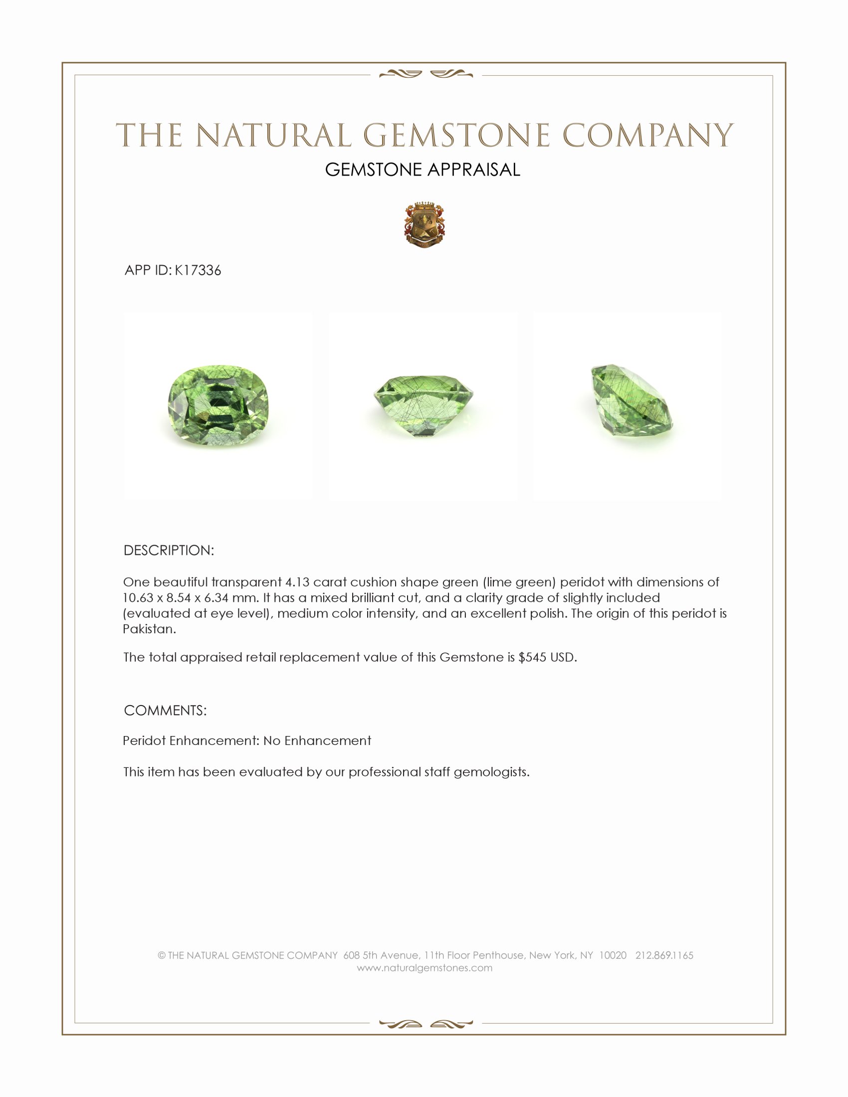 4.13 Ct. Green (Lime Green) Peridot from Pakistan