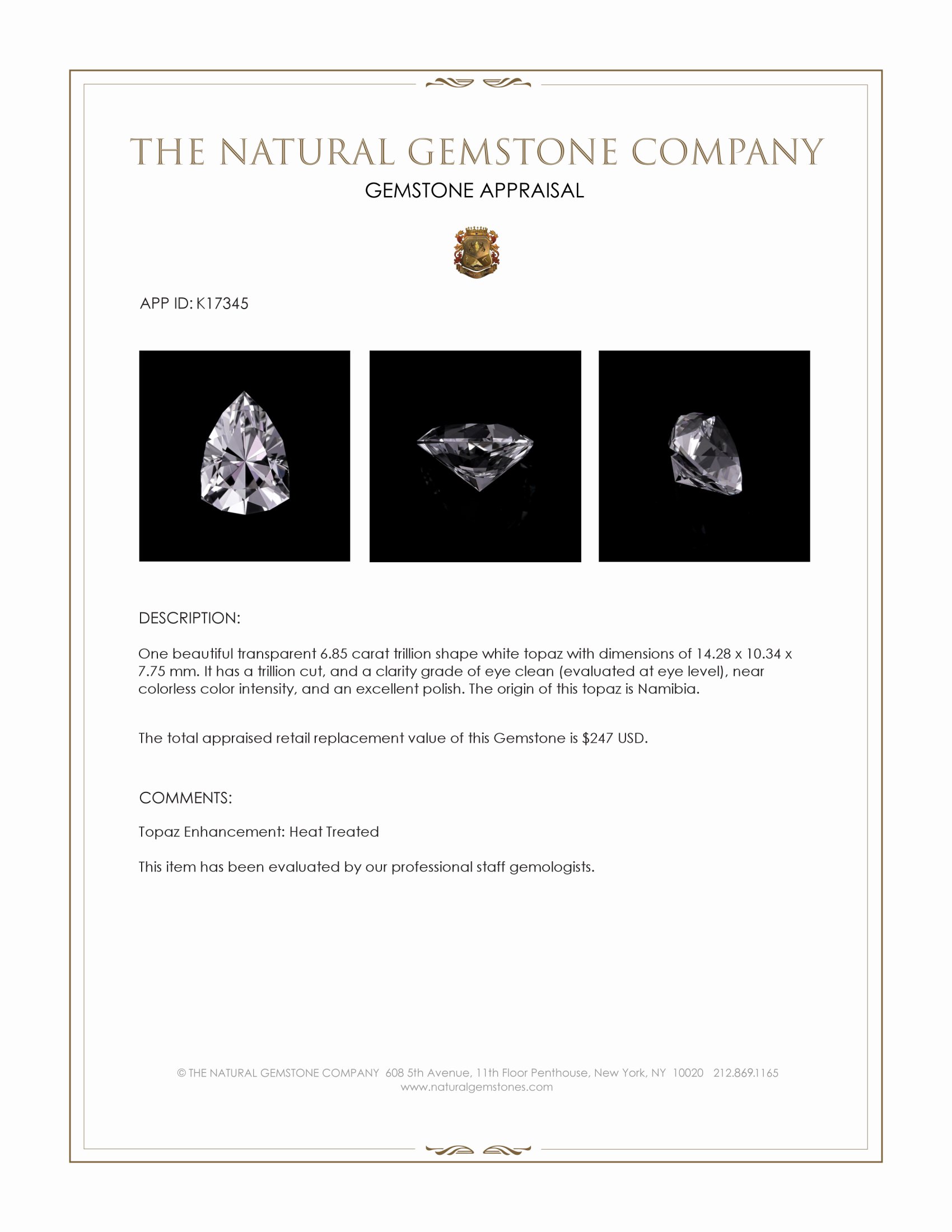 6.85 Ct. Topaz from Namibia