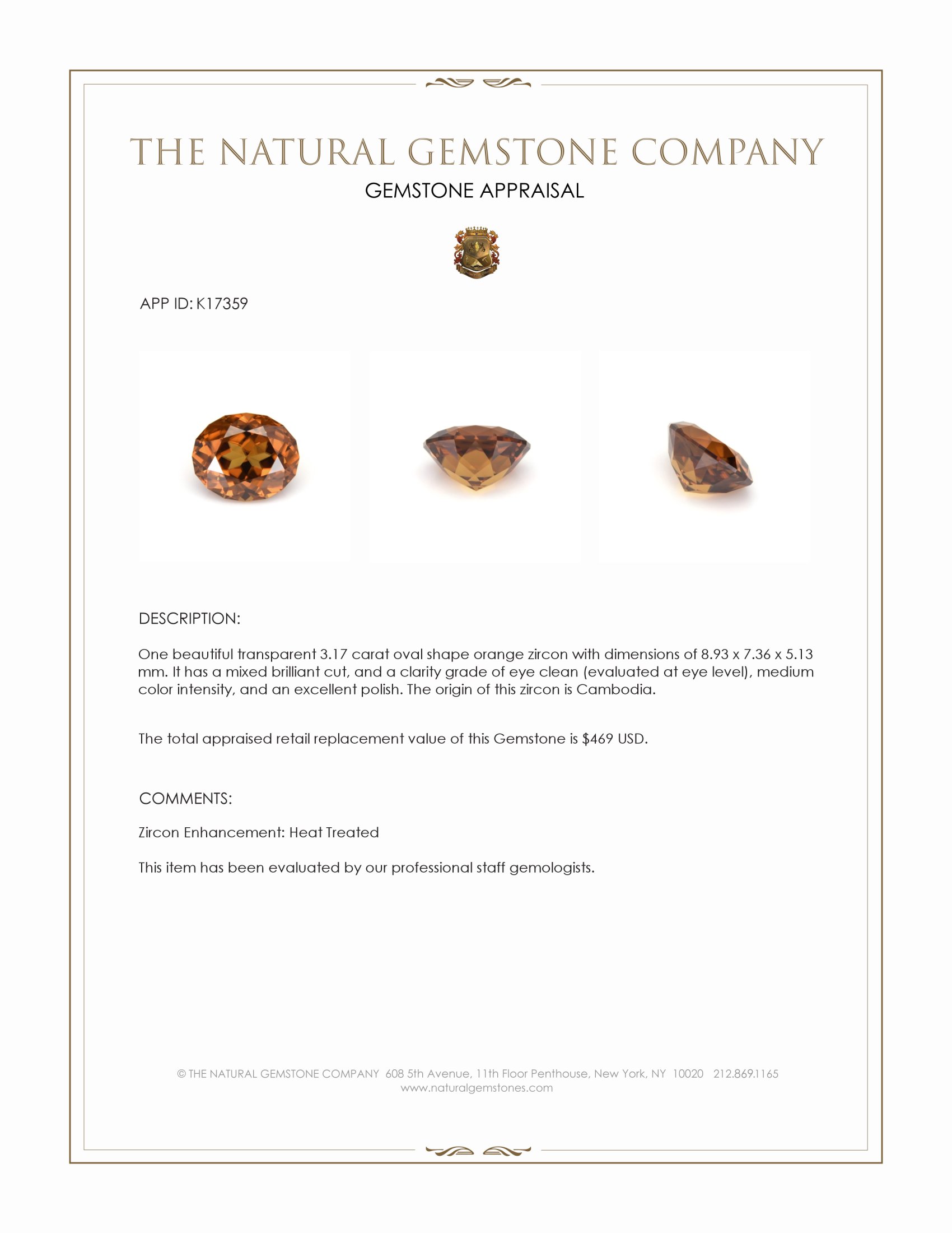 3.17 Ct. Orange Zircon from Cambodia