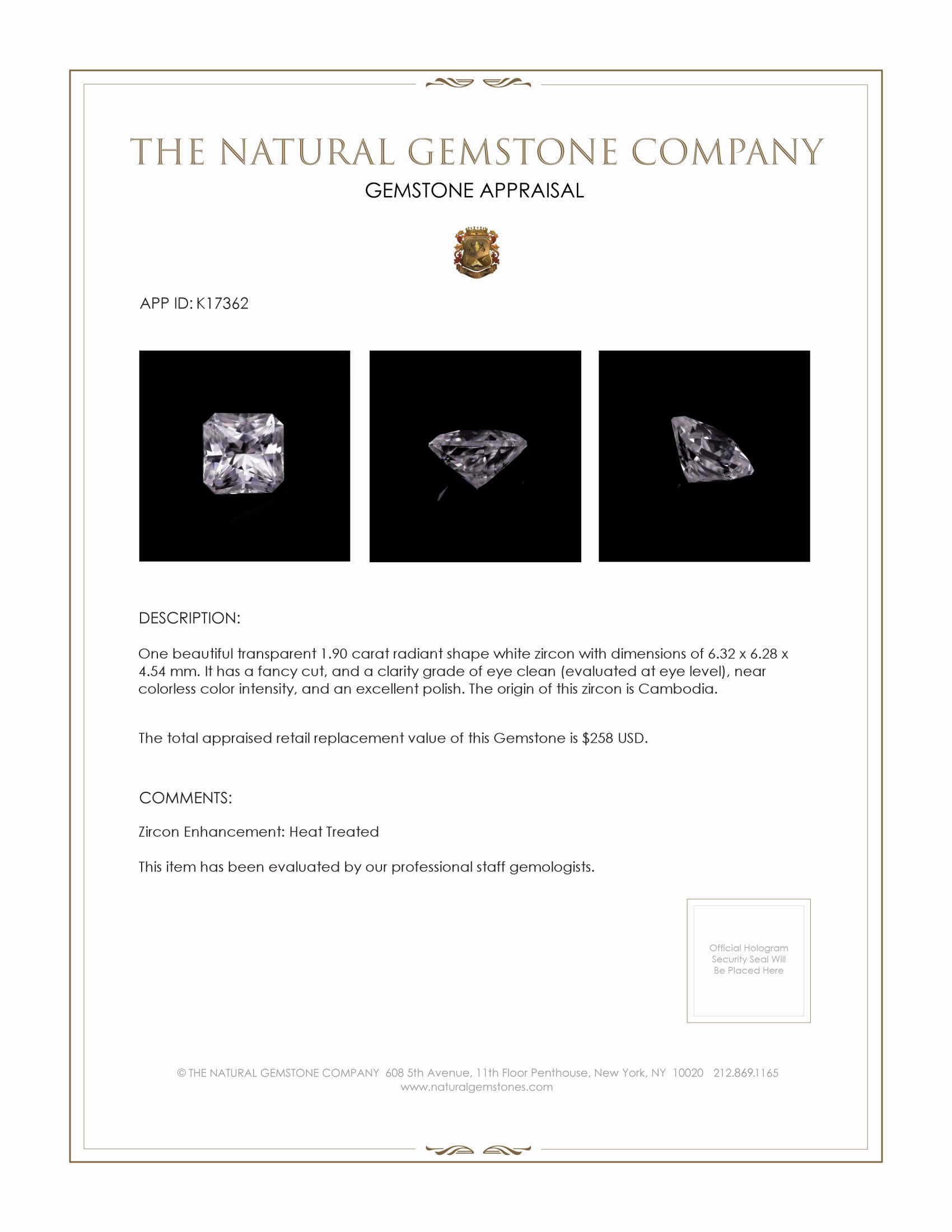 1.90 Ct. White Zircon from Cambodia