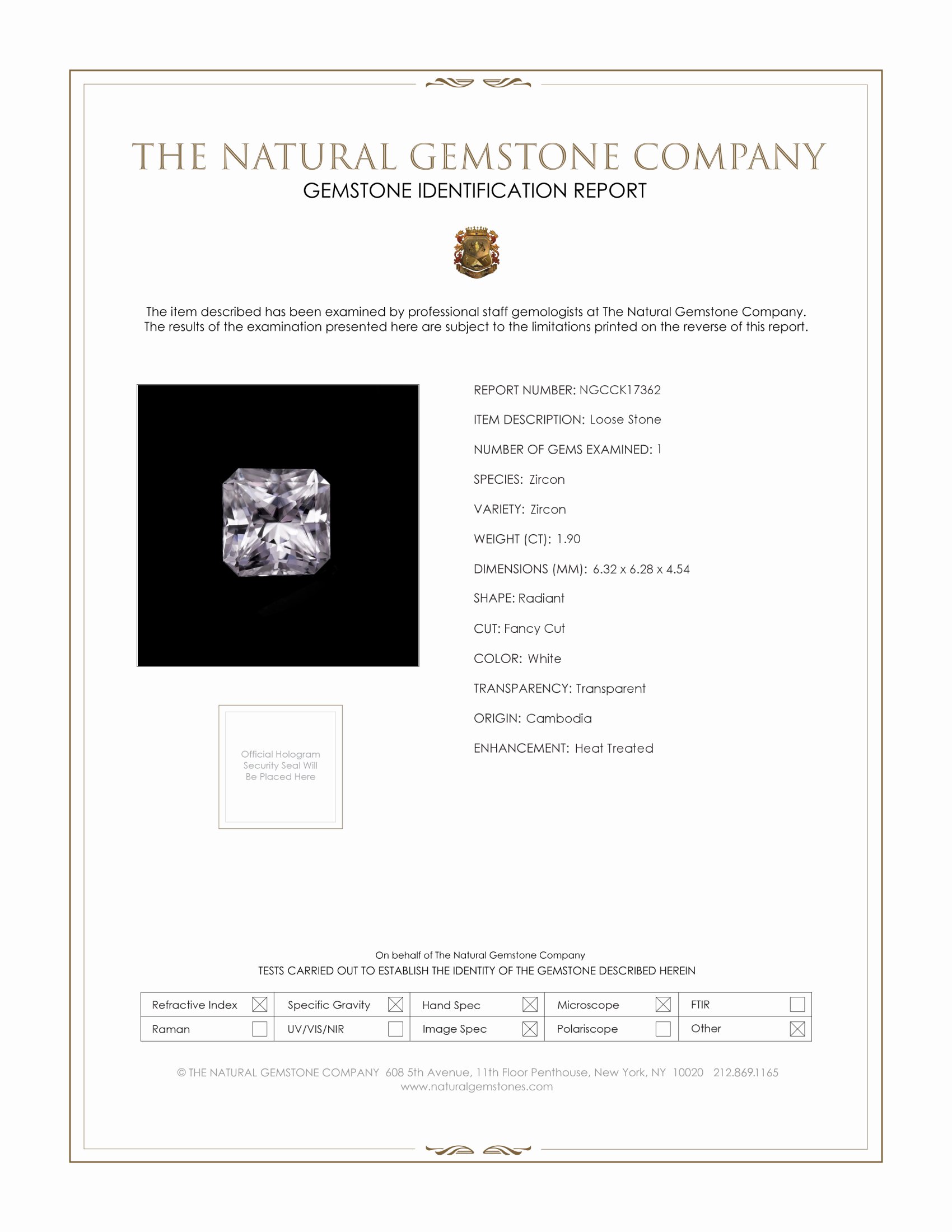 1.90 Ct. White Zircon from Cambodia